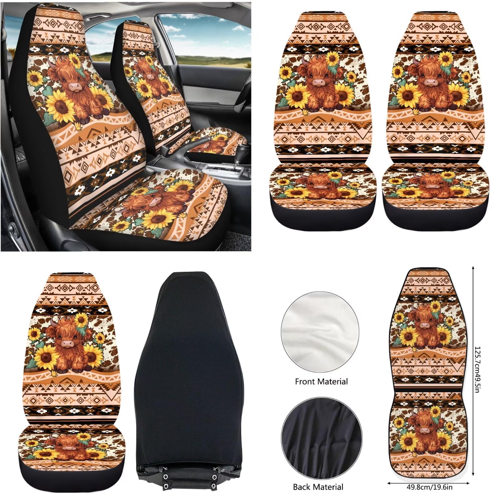 Premium Universal Sedan & SUV Car Seat Covers Set - 6-Piece with Steering Wheel Cover, Seat Belt Pads & Armrest Covers - Aztec, Baby, Highland Cow & Sunflower Patterns - Perfect for Road Trips, Commuting & Family Travel