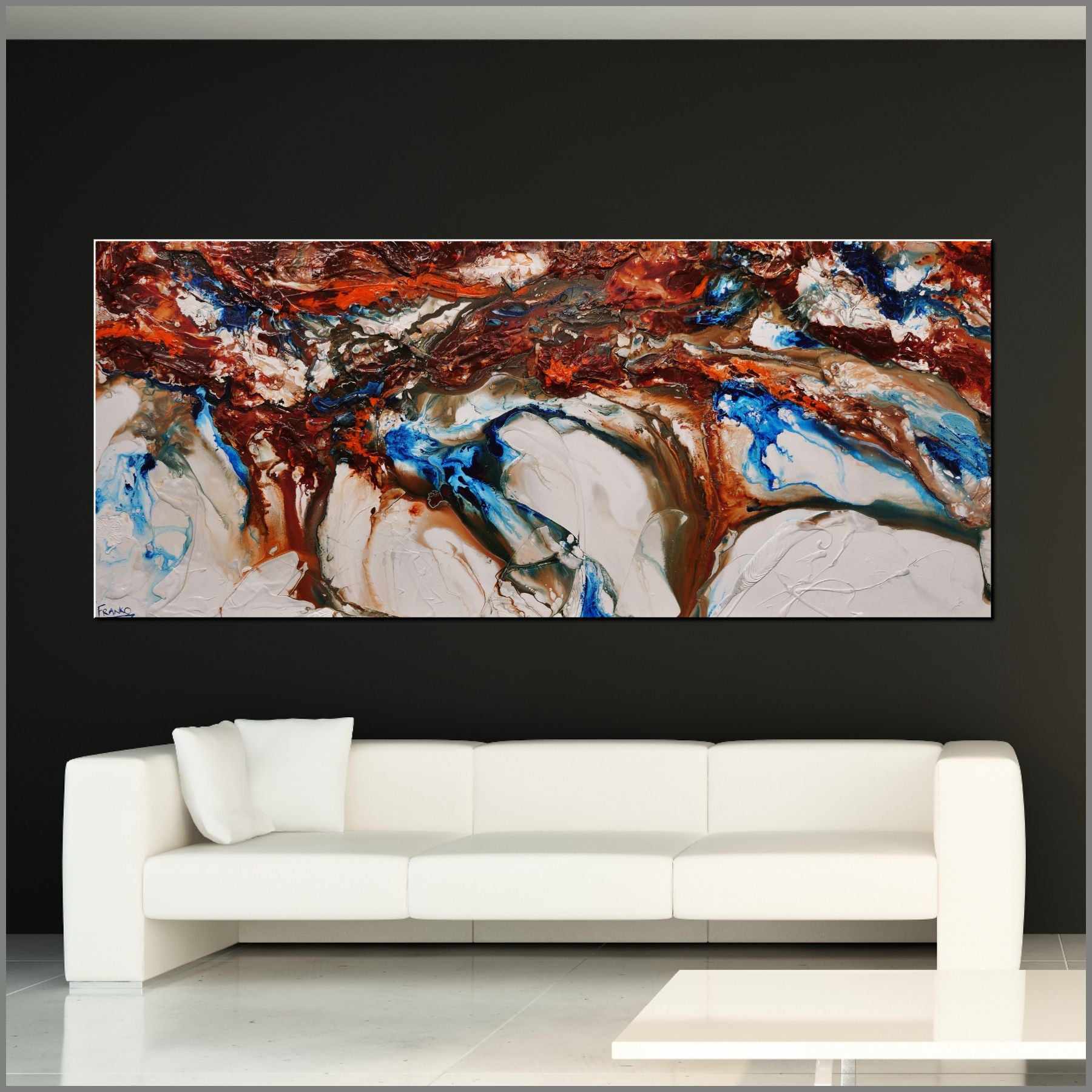 Blu Coast 240cm x 100cm Blue Cream Textured Abstract Canvas Wall Art - Modern Home Decor for Living Room, Bedroom & Office