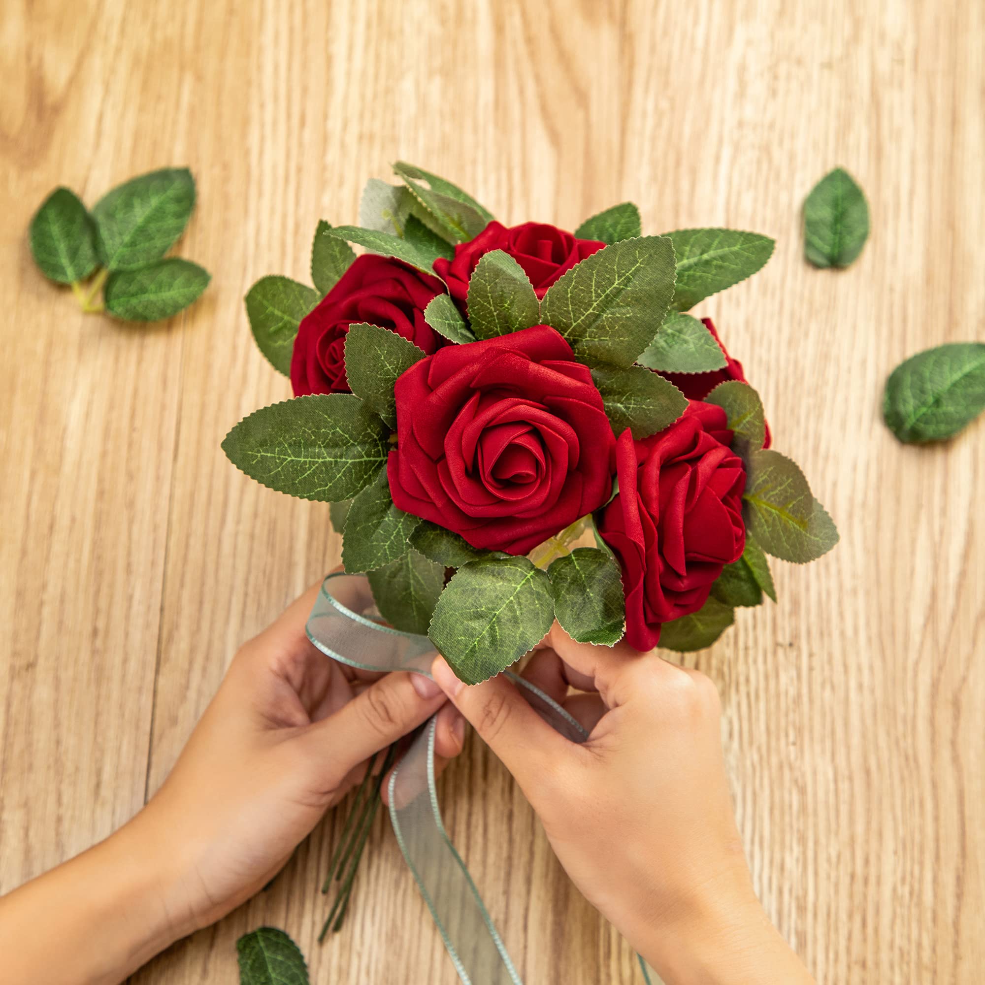 25pcs Realistic Artificial Foam Roses with Stems & Leaves - Dark Red Fake Flowers for Home Decor, Wedding Bouquets, Party Centerpieces, DIY Crafts, Garden Arrangements - Perfect for Valentine's Day, Anniversaries & Table Decorations
