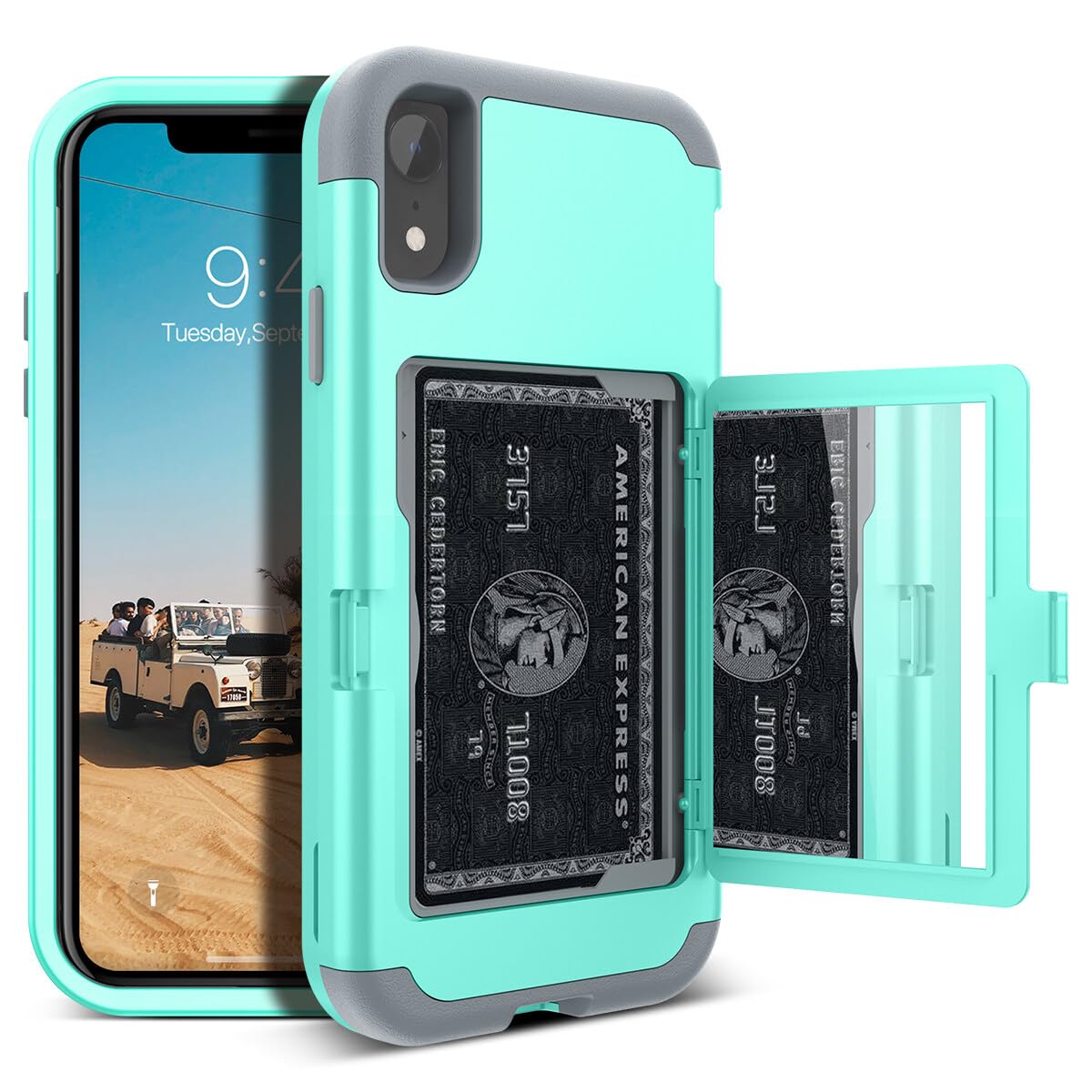 Premium iPhone XR Wallet Case with Card Holder & Hidden Mirror - 3-Layer Heavy Duty Shockproof Protection, Mint Green - Perfect for Travel, Work & Everyday Use