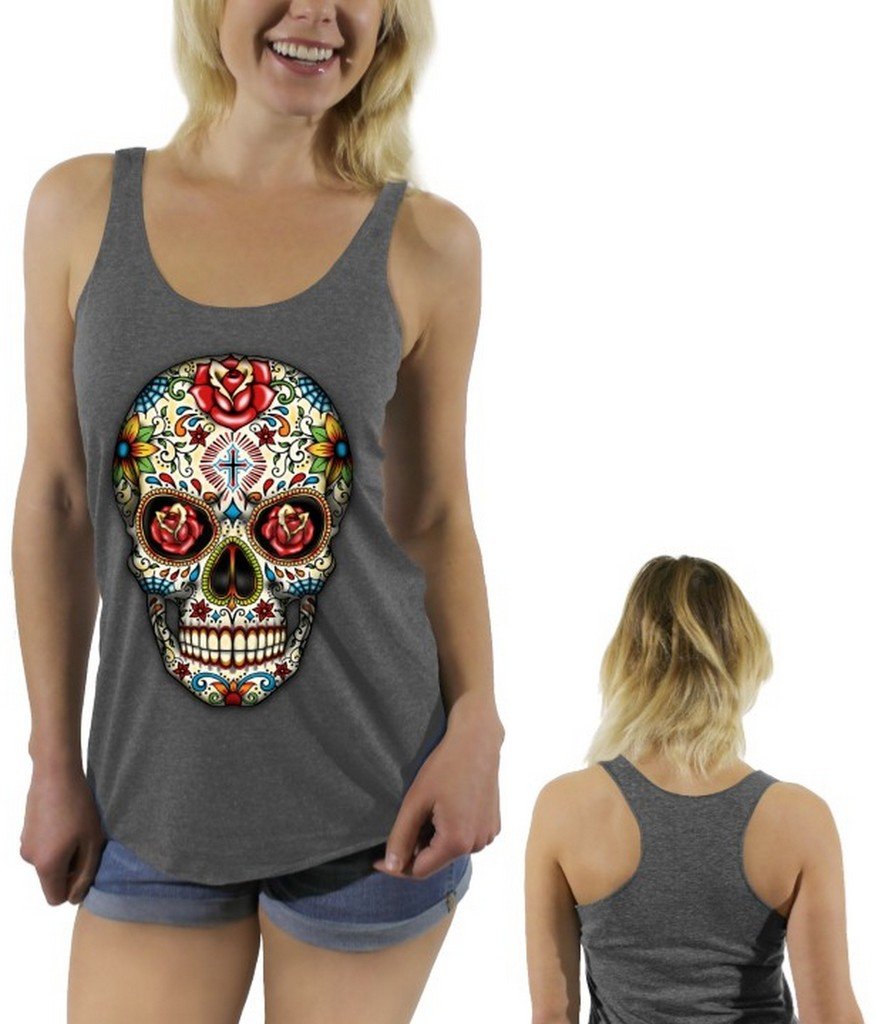 Stylish Sugar Skull Rose Eyes Graphic Racerback Tank Top with Free Bookmark - Perfect for Halloween, Dia de Los Muertos & Festival Outfits