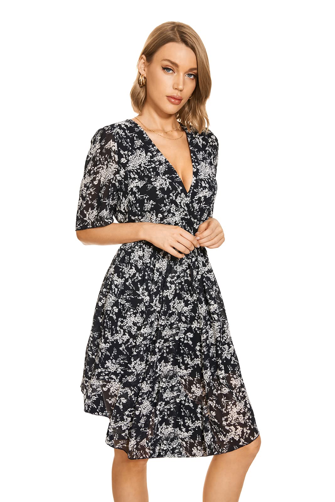 ACCOMSOUL Women's Floral Summer A-Line Dress - Sexy V-Neck, Short Sleeves with Ruffle Hem Midi Casual Dress for Beach, Party & Everyday Wear