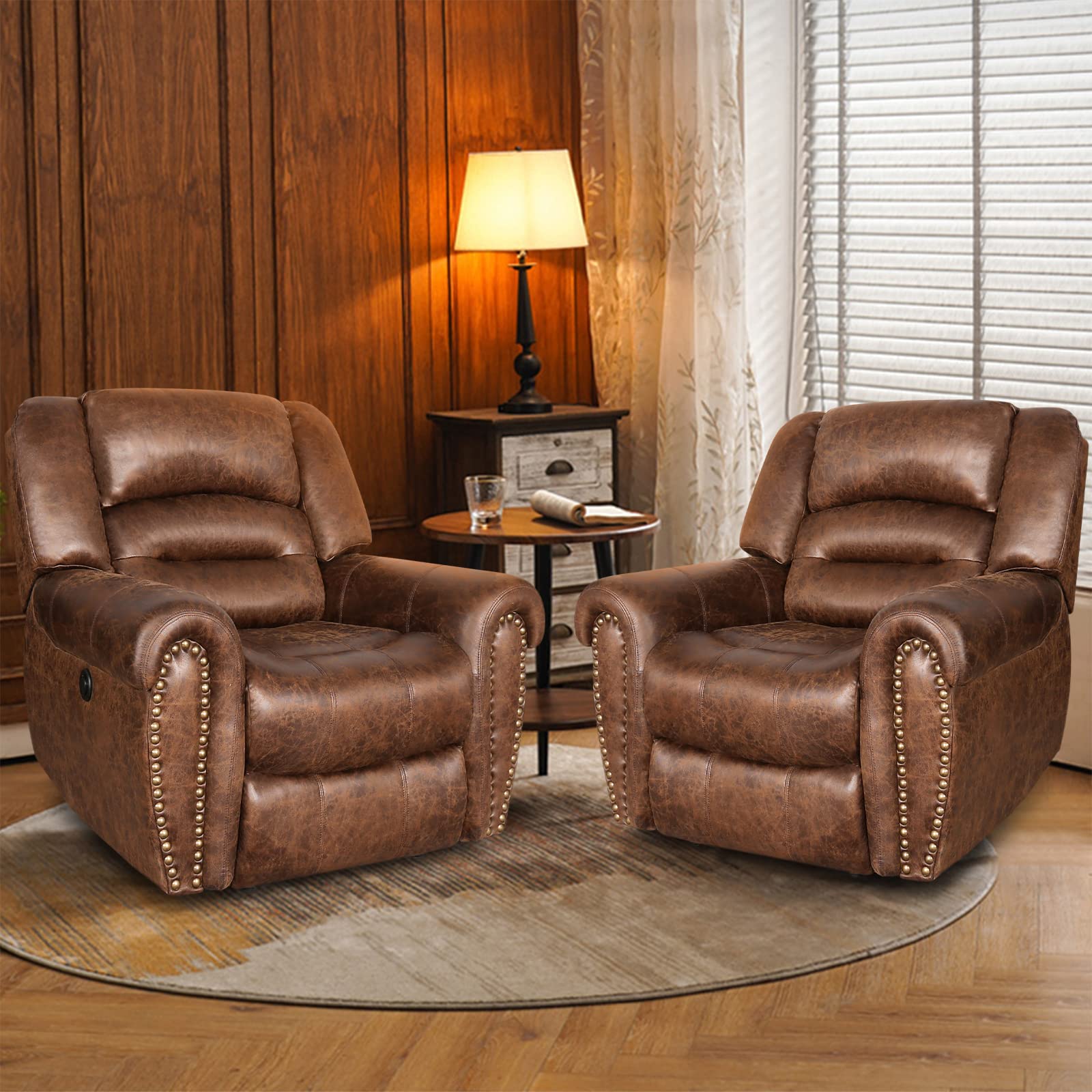 ANJ Electric Power Recliner Set of 2, Breathable Bonded Leather Reclining Chairs with USB Ports - Classic Home Theater Seating & Living Room Furniture (Nut Brown) | Perfect for Movie Nights, Gaming & Relaxation in Your Family Room or Home Theater