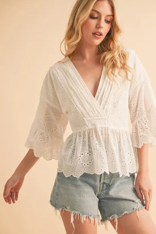 Flounce Sleeve Eyelet Peplum Top for Women - Elegant Summer Blouse with Ruffled Hem & Lace Details | Perfect for Casual Outings, Date Nights & Office Wear