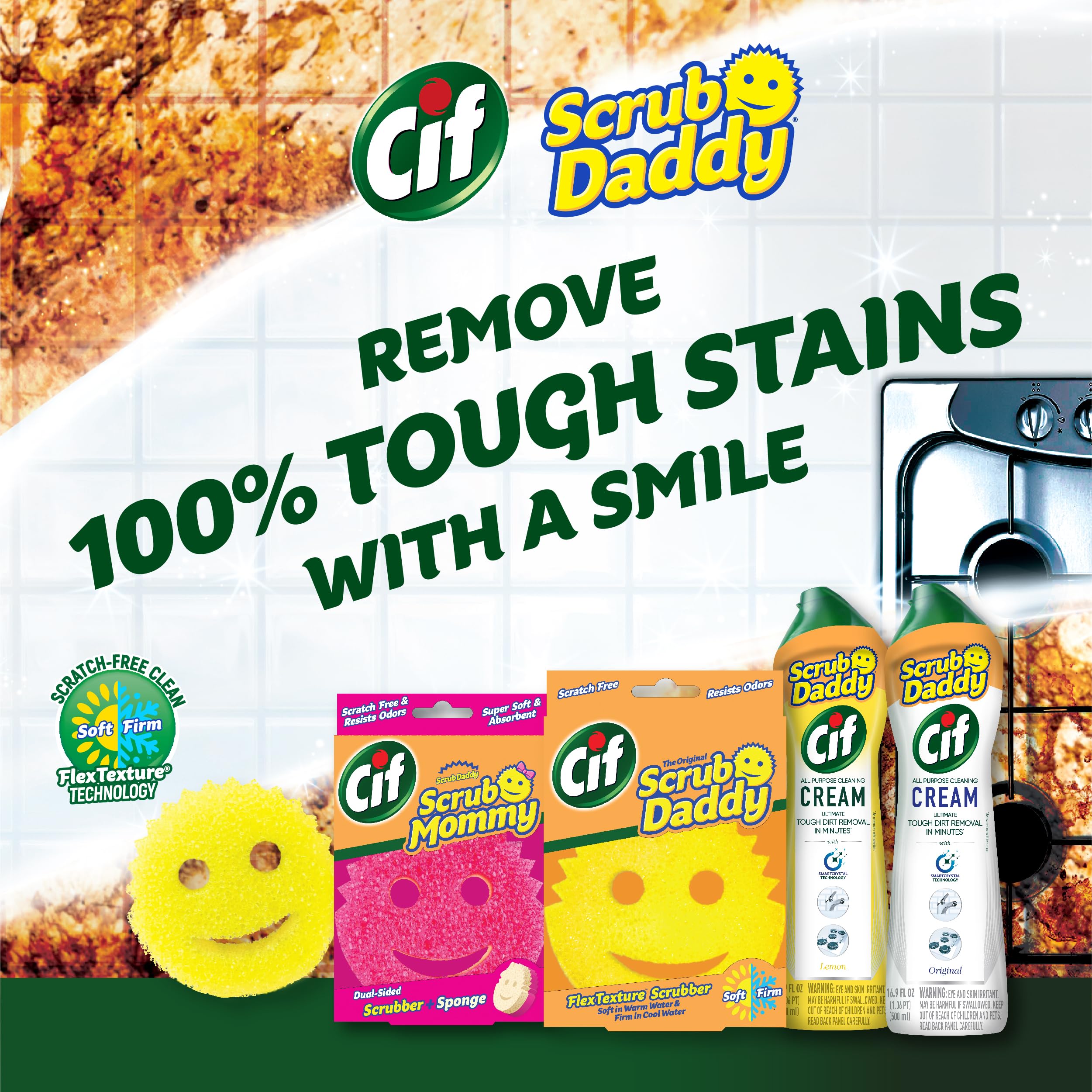 Scrub Daddy Sponges & Cif All Purpose Cleaner Lemon - Non-Scratch Kitchen & Bathroom Cleaning Sponges with Multipurpose Cleaner Cream - Best for Dishes, Countertops, Sinks & Tough Stains - Essential Cleaning Supplies Kit for Home & Office