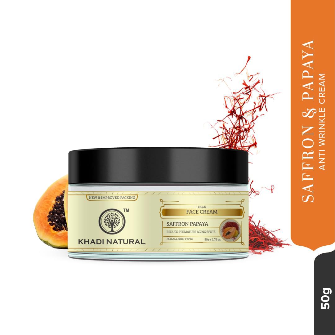 Khadi Organic Saffron & Papaya Anti-Wrinkle Cream 50g - Natural Anti-Aging, Skin Brightening & Radiance Booster for All Skin Types | Perfect for Daily Skincare Routine & Nighttime Rejuvenation