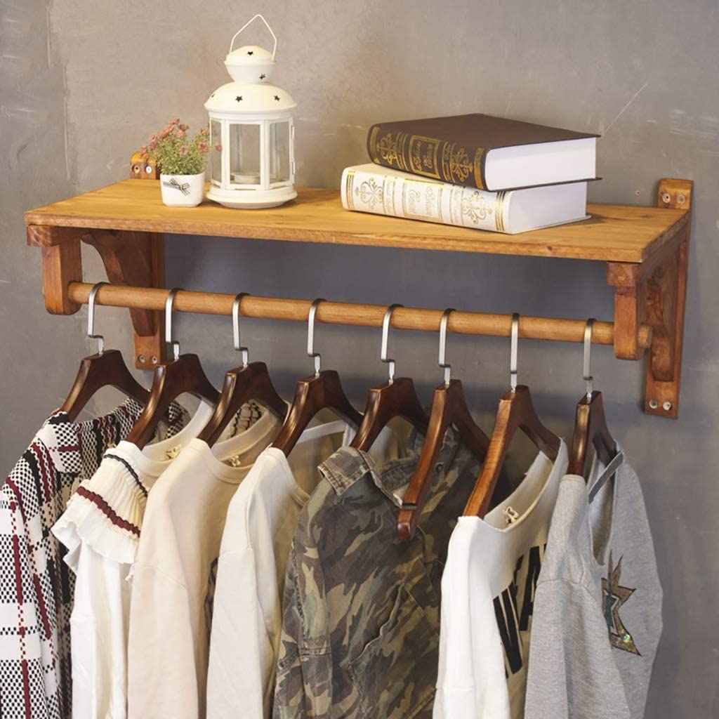 Solid Wood Wall Mounted Coat Clothes Rack with Shelf - Space-Saving Garment Storage Organizer for Bedroom, Entryway & Retail Stores