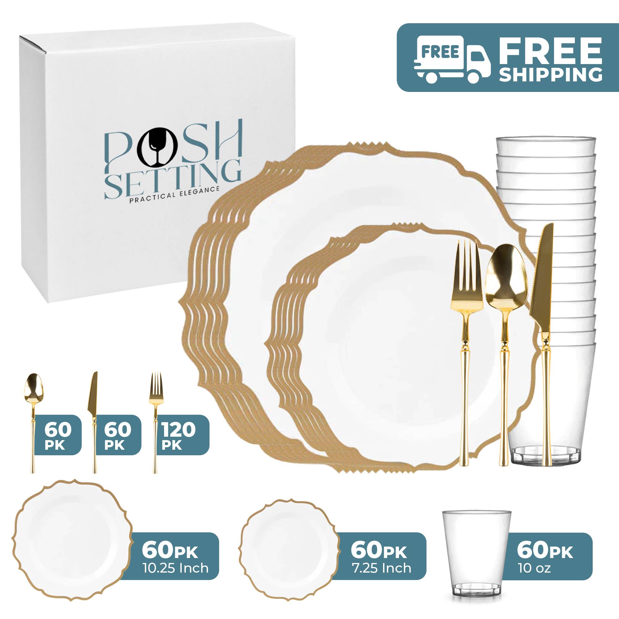 White and Gold Plastic Party Bundle - Elegant Disposable Tableware Set for Weddings, Birthdays & Celebrations - Perfect for Dinner Parties, Baby Showers & Special Events