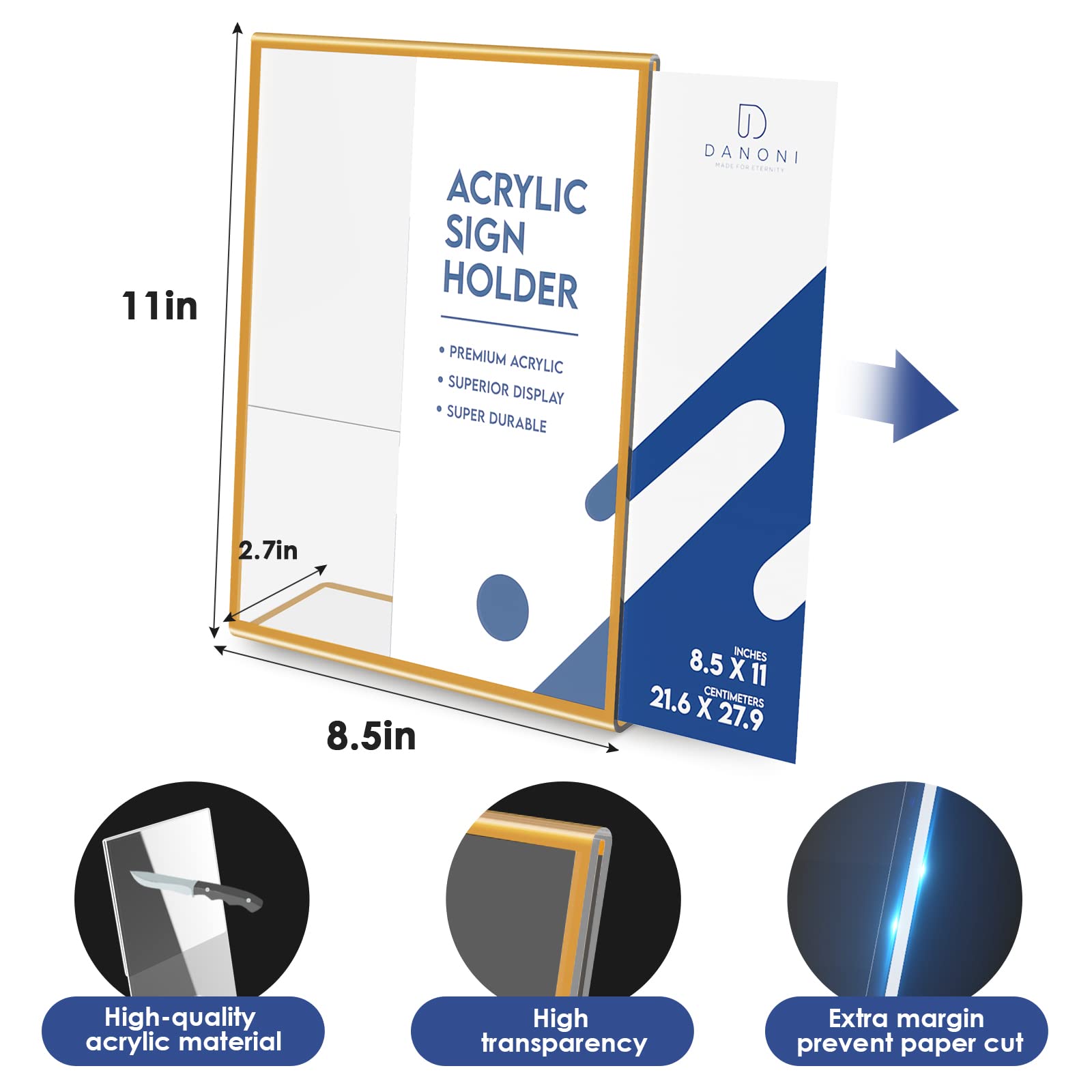 Acrylic Gold Sign Holders - 6 Pack 8.5x11 Inch Vertical Slant Back Flyer Document Brochure Display Stands for Office Desktop, Restaurant Menu, Retail Counter & Event Signage - Plastic Tabletop Paper Holders