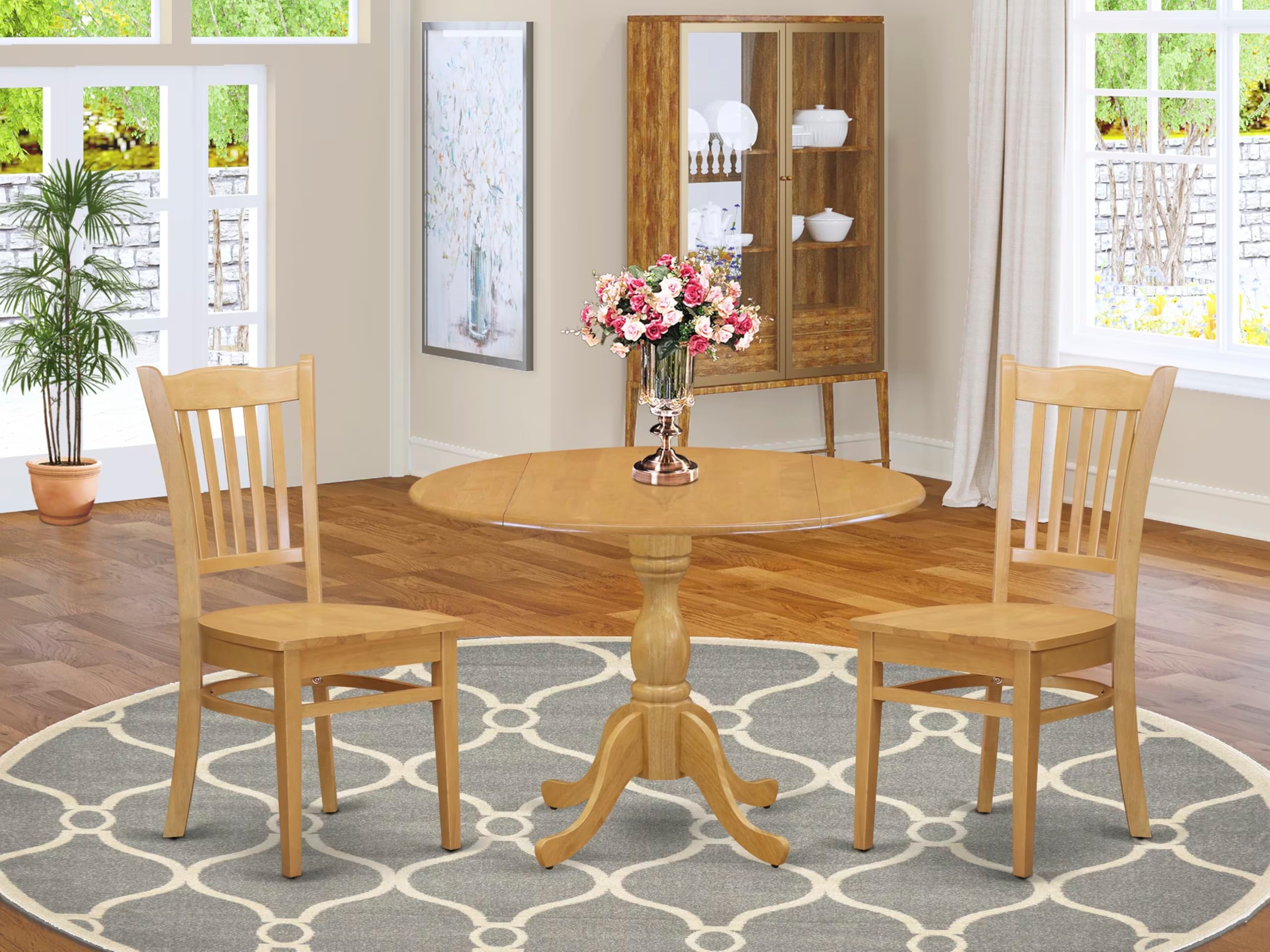 Modern 3-Piece Dining Table Set with Round Drop-Leaf Table & 2 Chairs - 42x42 Inch Solid Oak - East West Furniture DMGR3-OAK-W - Perfect for Small Kitchens, Breakfast Nooks & Compact Dining Spaces