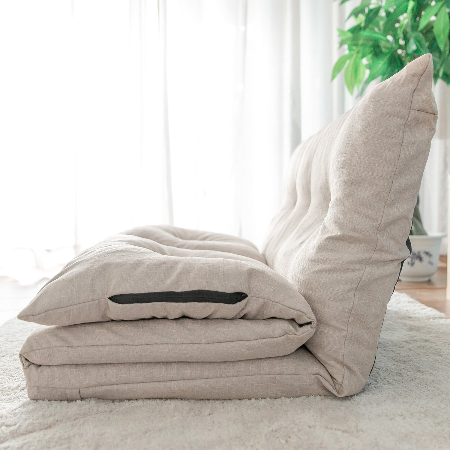 Foldable Floor Couch Sofa - Convertible Chaise Lounge Mattress with Washable Beige Fabric - Perfect for Small Spaces, Dorm Rooms & Cozy Living Room Lounging