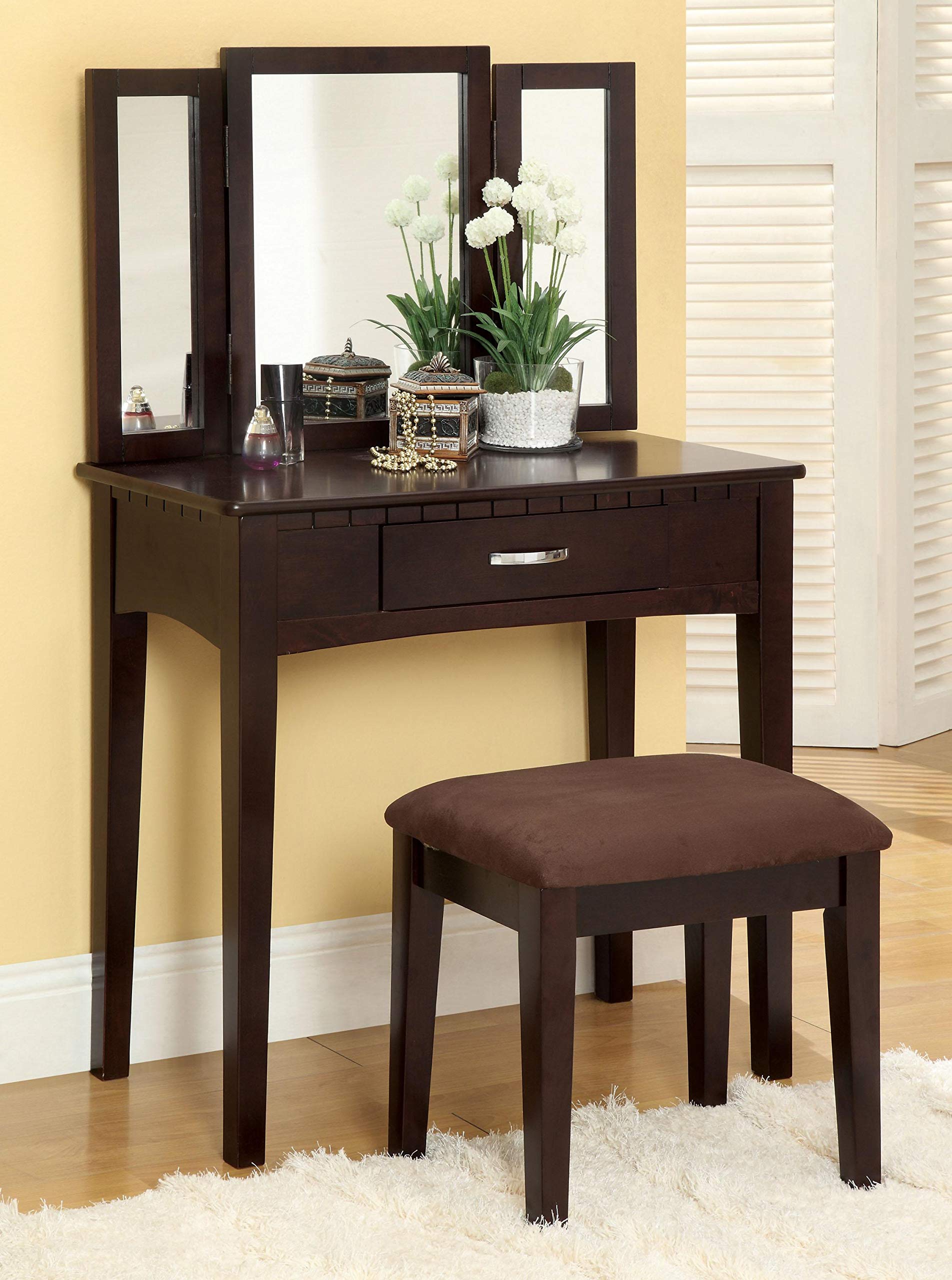 Furniture of America Potterville Espresso Finish Vanity Table with Mirror - Perfect for Bedroom, Bathroom, or Dressing Room Makeup & Storage