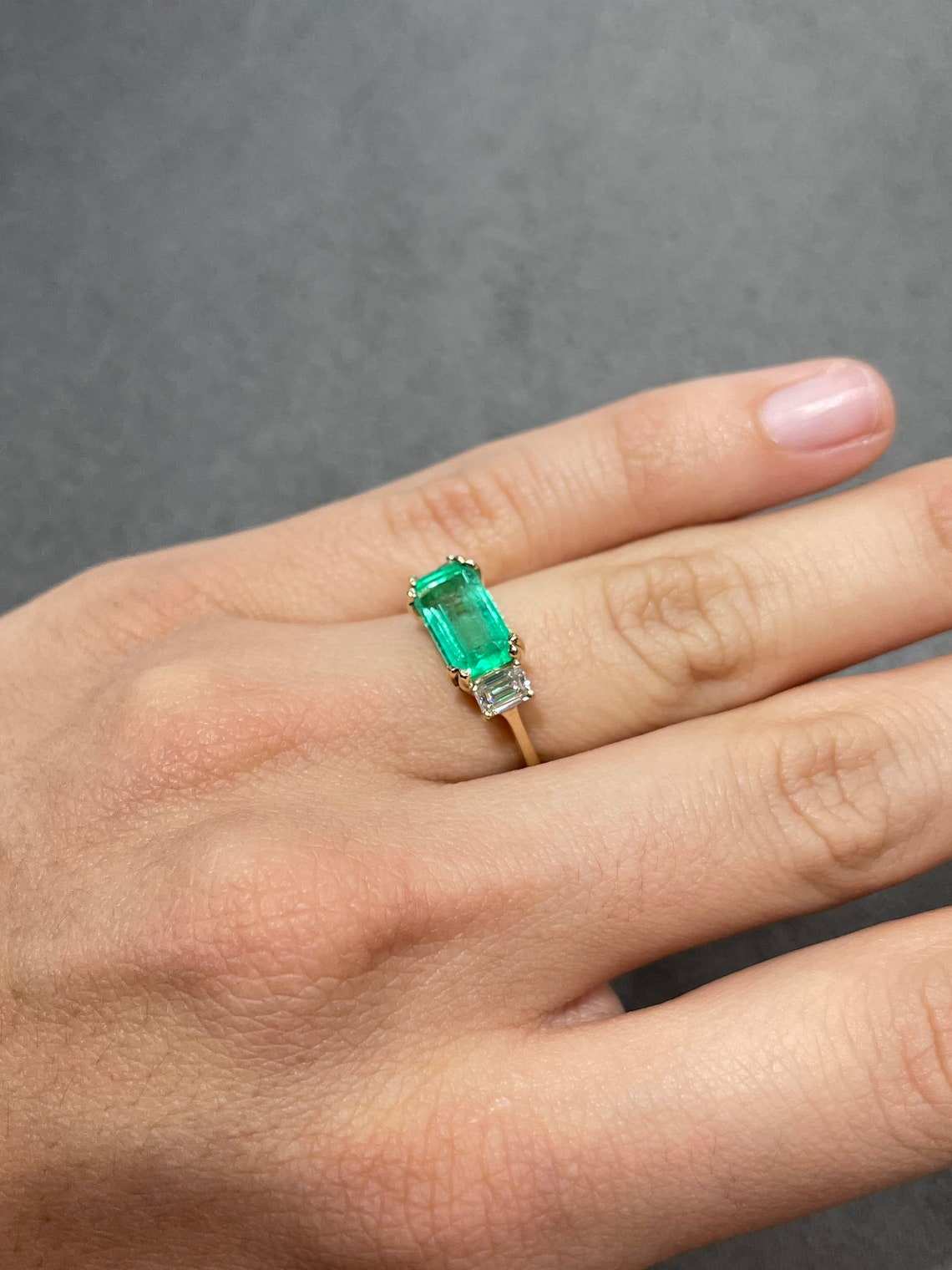 3.64 TCW Three Stone Emerald & Emerald Cut Diamond Engagement Ring in 14K Gold - Perfect for Proposals, Anniversaries & Special Occasions