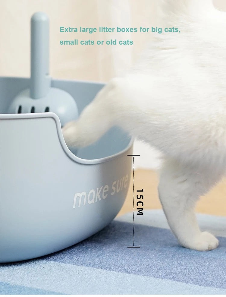 MAKESURE Open Cat Litter Box with Removable Mat - Blue Grey | Large Plastic Litter Tray for Indoor Cats | Easy to Clean & Odor Control for Home Use