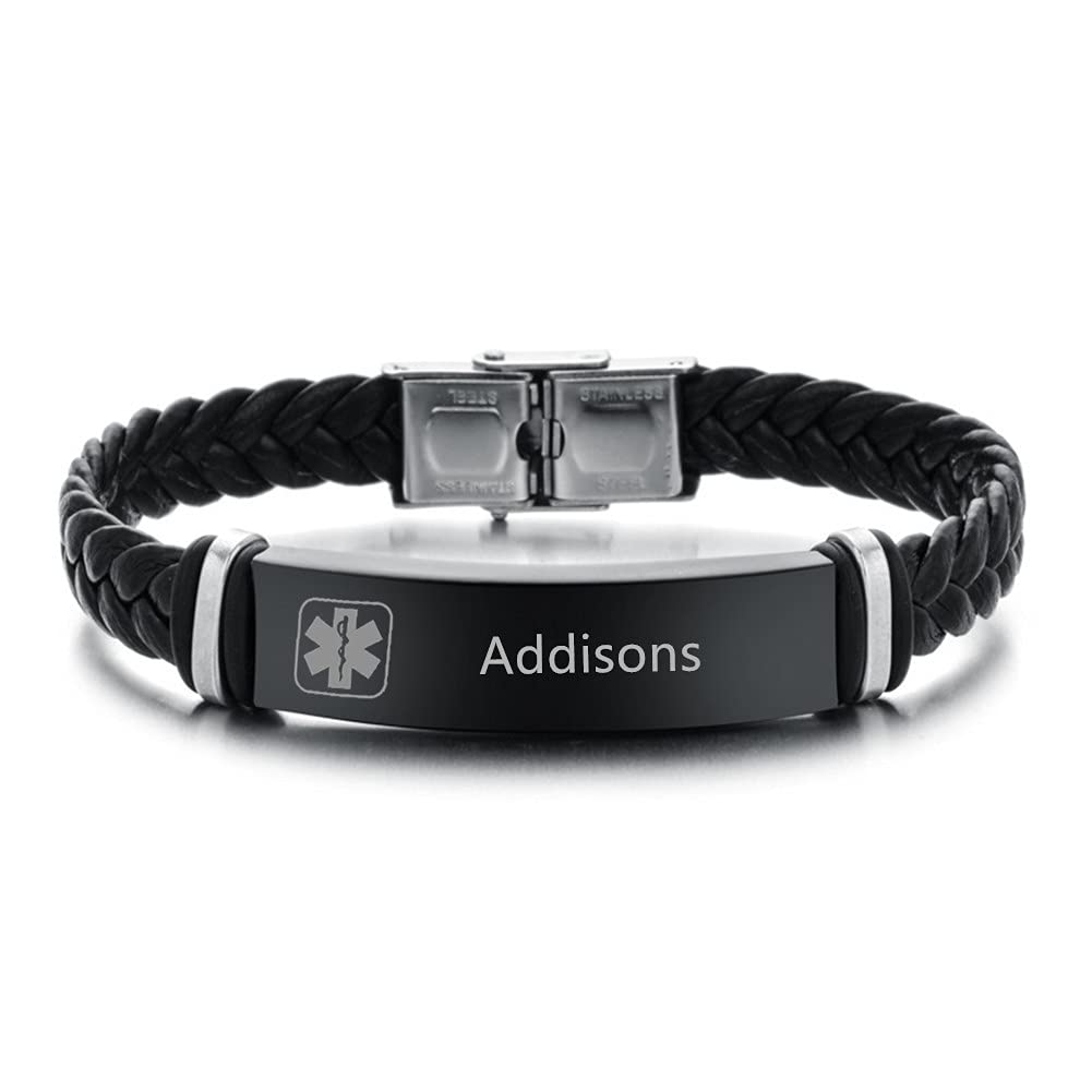 ZKXXJ Adjustable Braided Leather Medical Alert ID Bracelet for Men & Women - Emergency Identification Wristband with Allergy Awareness for Adults | Perfect for Daily Wear, Travel & Health Safety