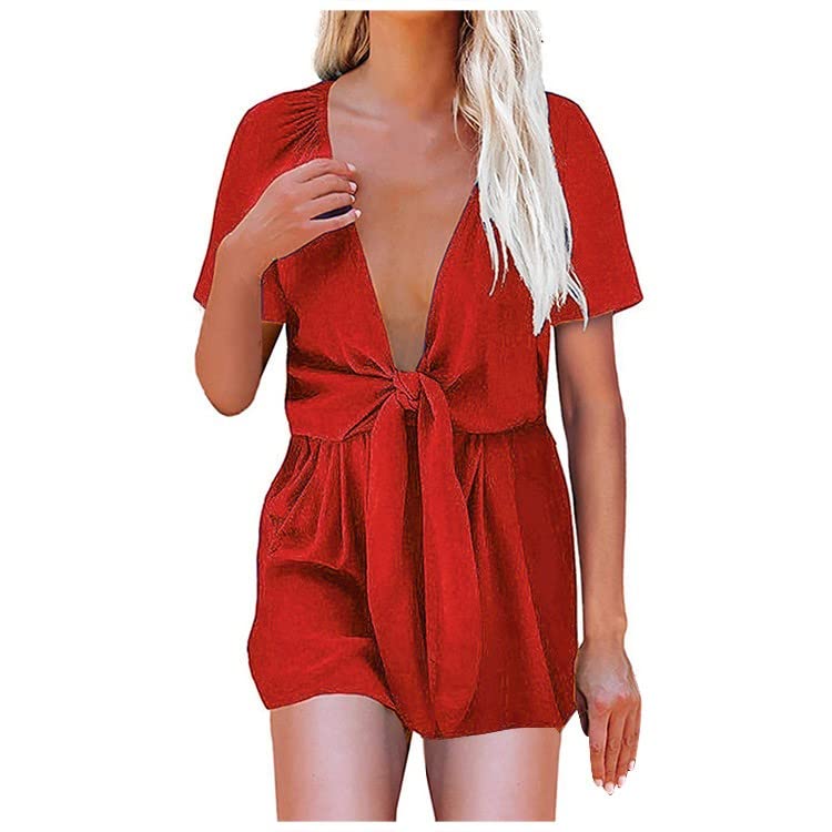 Women's Solid Color V-Neck Bow Tie Short Sleeve Jumpsuit with Elastic Waist - Casual Summer Outfit for Beach, Party & Office Wear