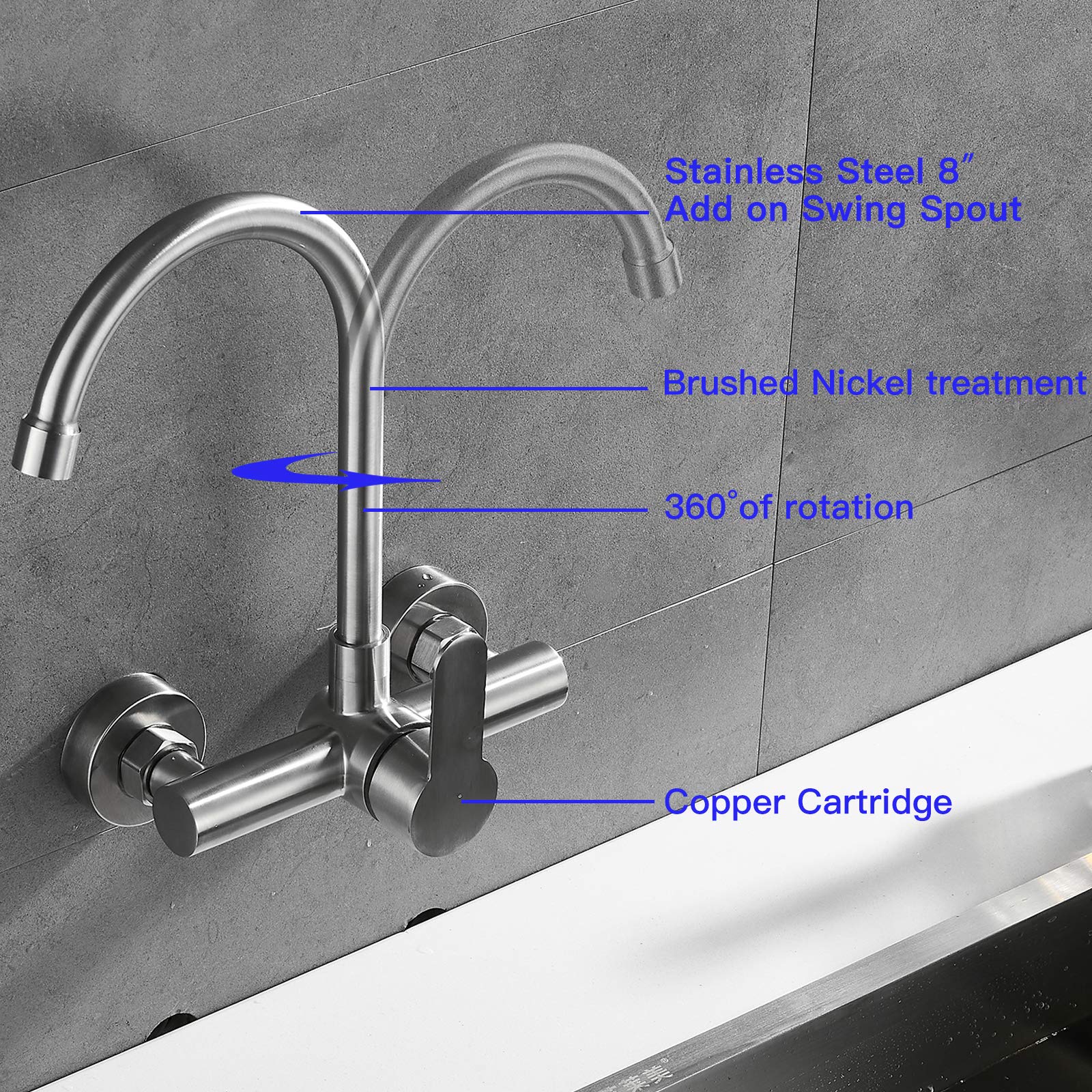 Brushed Nickel Wall Mount Kitchen Sink Faucet - 360° Swivel Single Handle Commercial Utility Faucet for Restaurant, Bar, Laundry & Home Use | Durable & Stylish Wall-Mounted Design