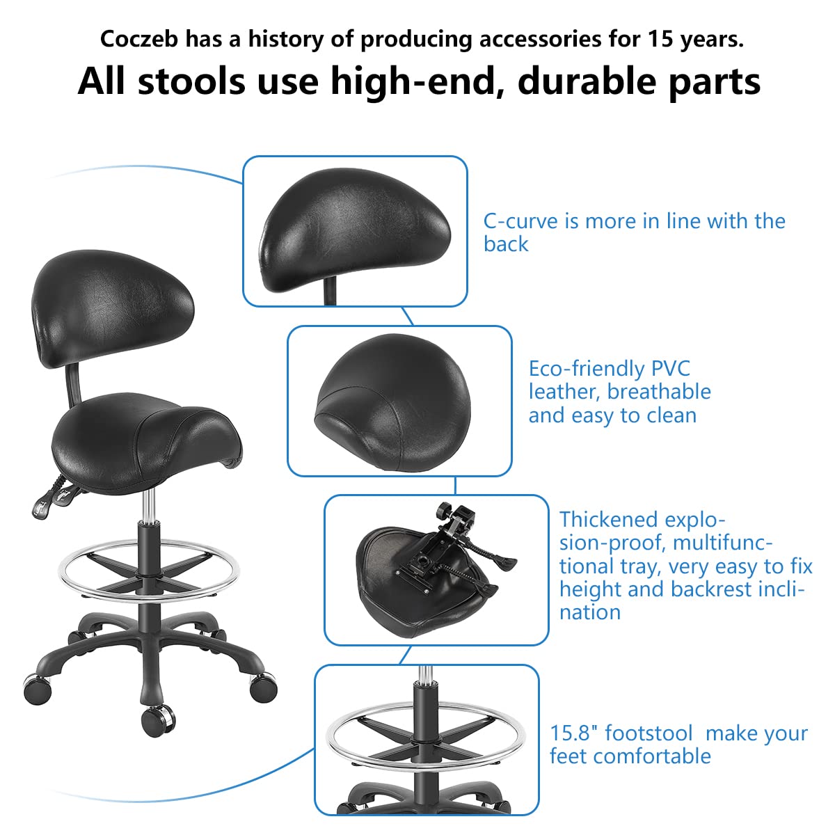 Ergonomic Saddle Stool with Back Support - Hydraulic Adjustable Height & Footrest - Perfect for Home Office, Dental Clinic, Tattoo Studio & Salon Use - Comfortable Seating Solution for Professionals