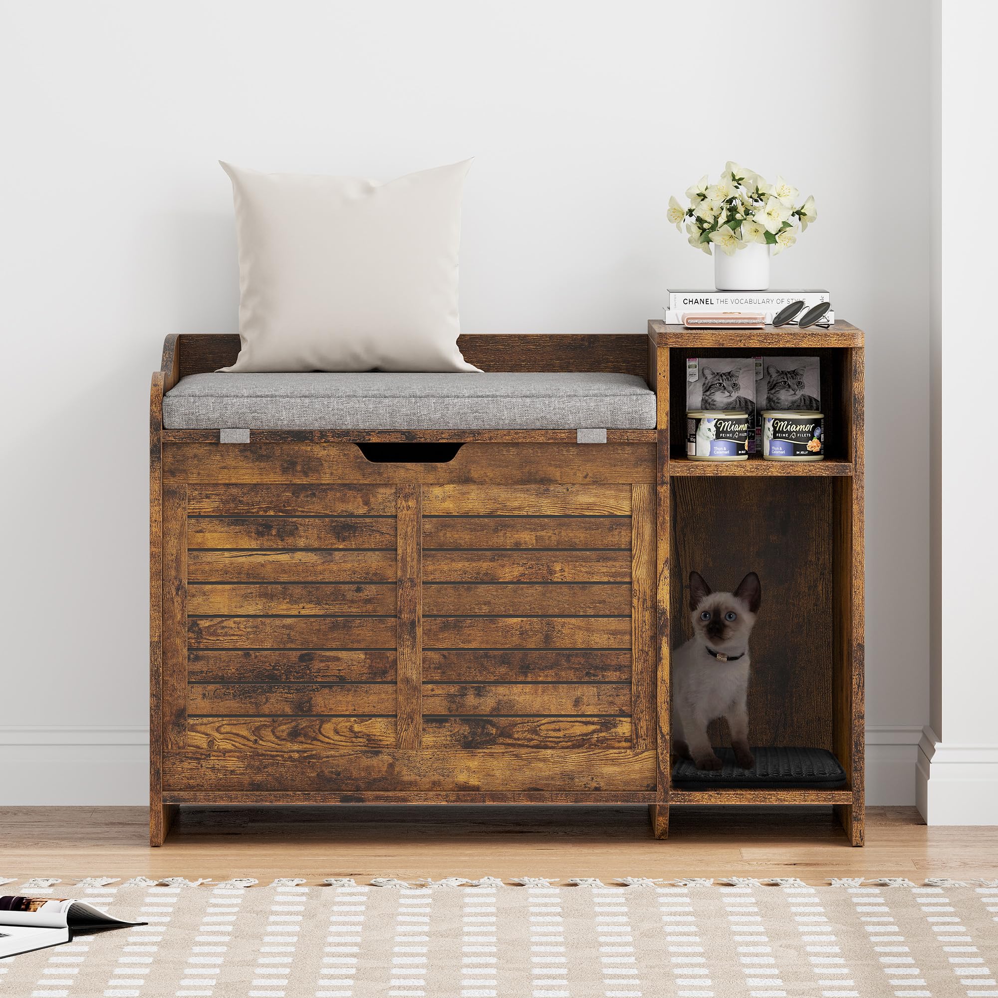 **IDEALHOUSE Cat Litter Box Enclosure with Top Opening & Cushion – Hidden Cat Litter Box Furniture, Privacy Cabinet with Storage – Modern Brown Cat House for Home & Apartment – Perfect for Small Spaces & Multi-Cat Households**