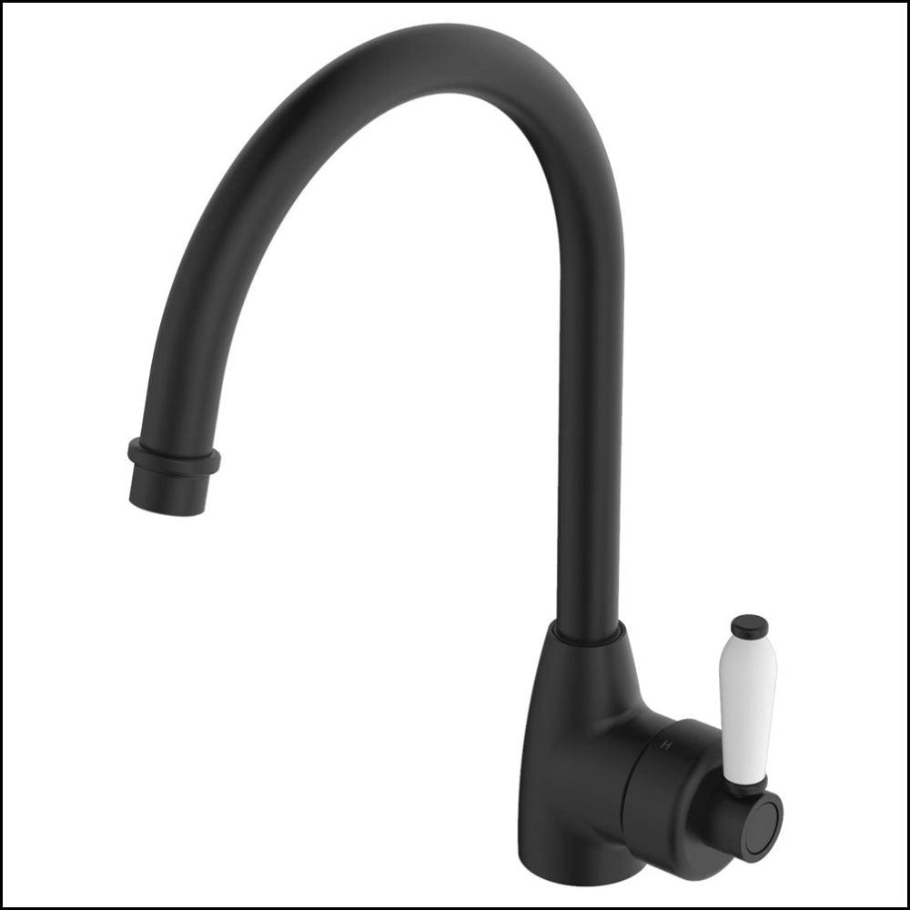 Fienza Eleanor 202109BK Matte Black Gooseneck Kitchen Faucet with White Ceramic Handle - Perfect for Modern Farmhouse & Industrial Style Sinks