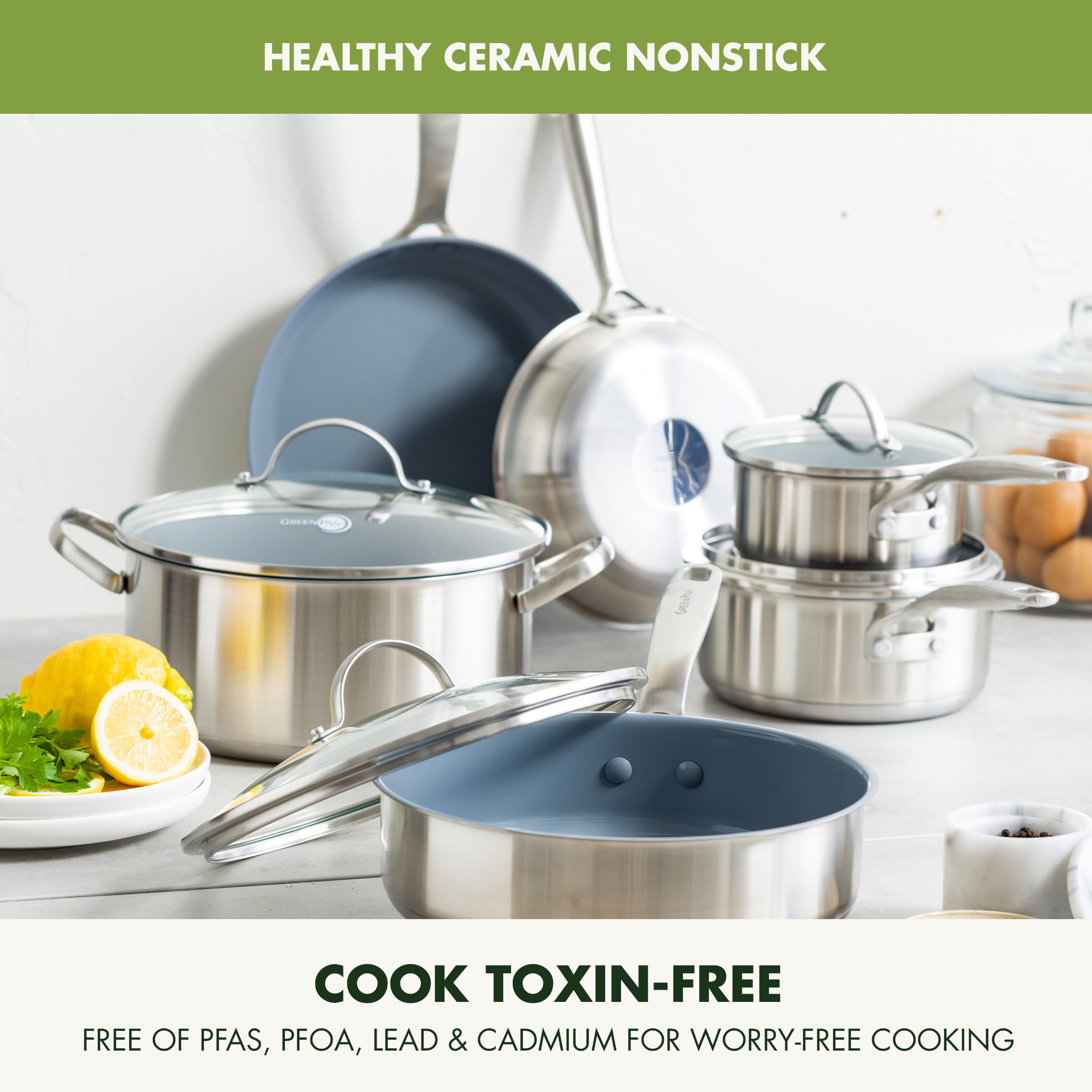 GreenPan Treviso 10-Piece Non-Toxic Cookware Set - PFAS-Free Ceramic Nonstick Coating, Stainless Steel, Induction Compatible Pots & Pans with Lids, Sauté & Saucepans, Multi-Clad, Dishwasher & Oven Safe - Perfect for Healthy Cooking & Family Meals