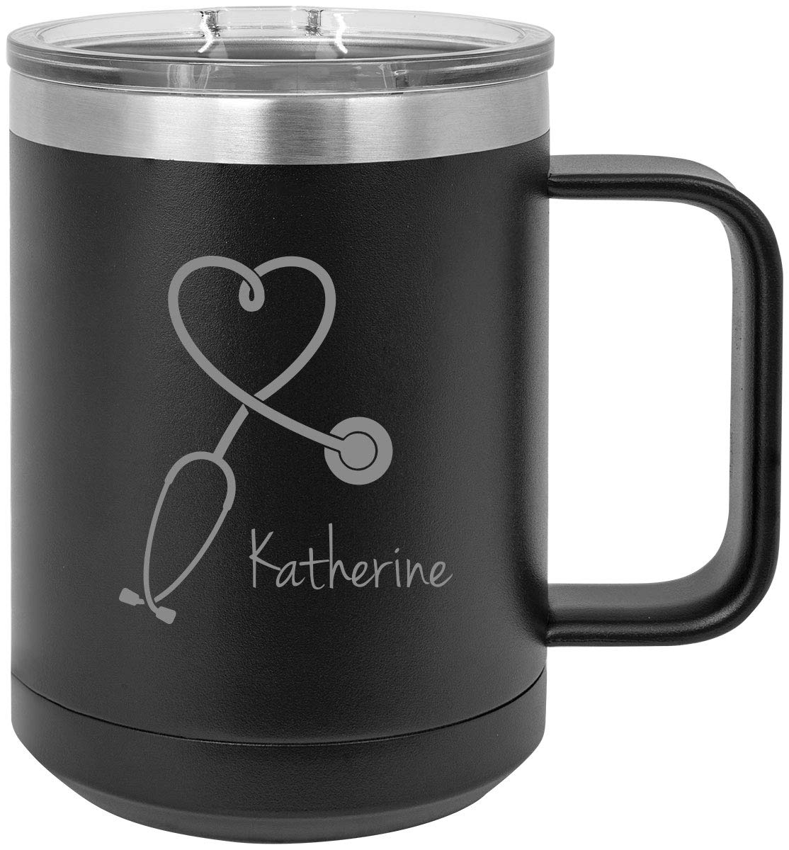 Personalized Nurse Stethoscope Insulated 15oz Travel Tumbler - Custom Text Engraved Coffee Mug for Nurses, Doctors & Medical Students - Perfect for Hospital Shifts, Commuting & Gifts (Black)