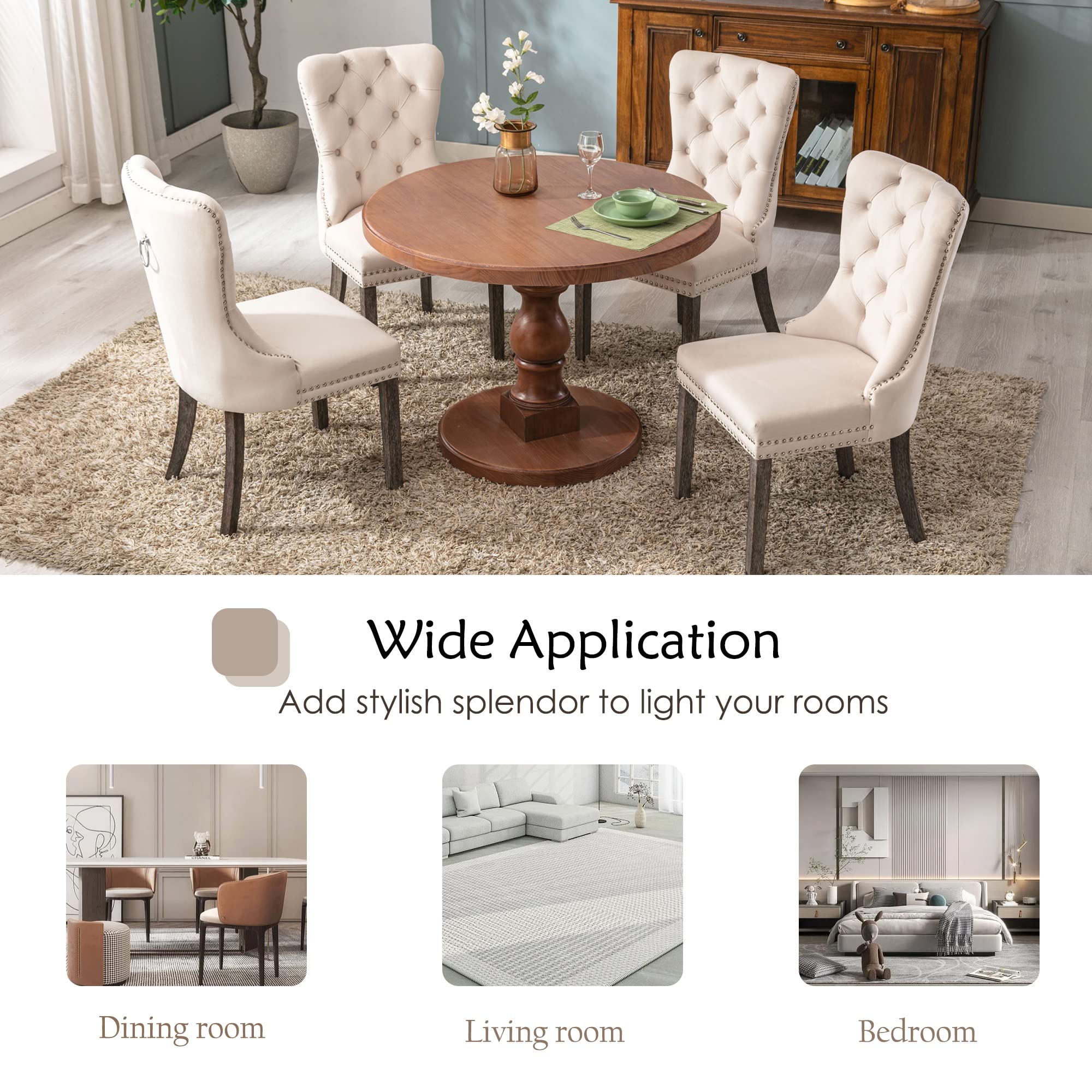 KCC Velvet Dining Chairs Set of 4 - Upholstered Tufted High Back Dining Chairs with Nailhead Trim & Solid Wood Legs, Modern Kitchen Dining Room Chairs for Home, Restaurant, Cafe - Beige Velvet Nikki Collection