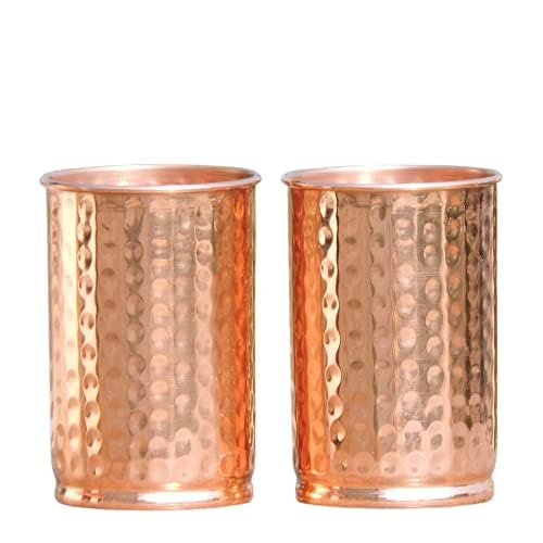 Hammered Pure Copper (99.74%) Tumbler Set of 2 - 11.8oz Travel Copper Mugs for Water, Juice & Ayurveda Health Benefits | Perfect for Home, Office & Outdoor Use