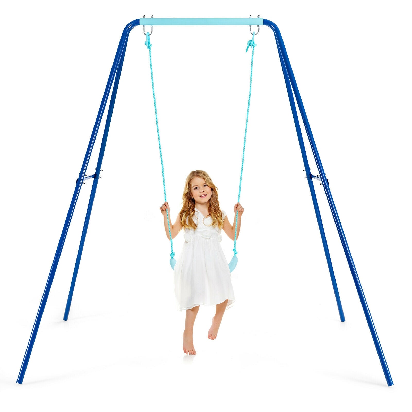 Outdoor Kids Swing Set with Heavy-Duty Metal A-Frame & Ground Stakes - Blue | Durable Backyard Play Equipment for Children's Outdoor Fun