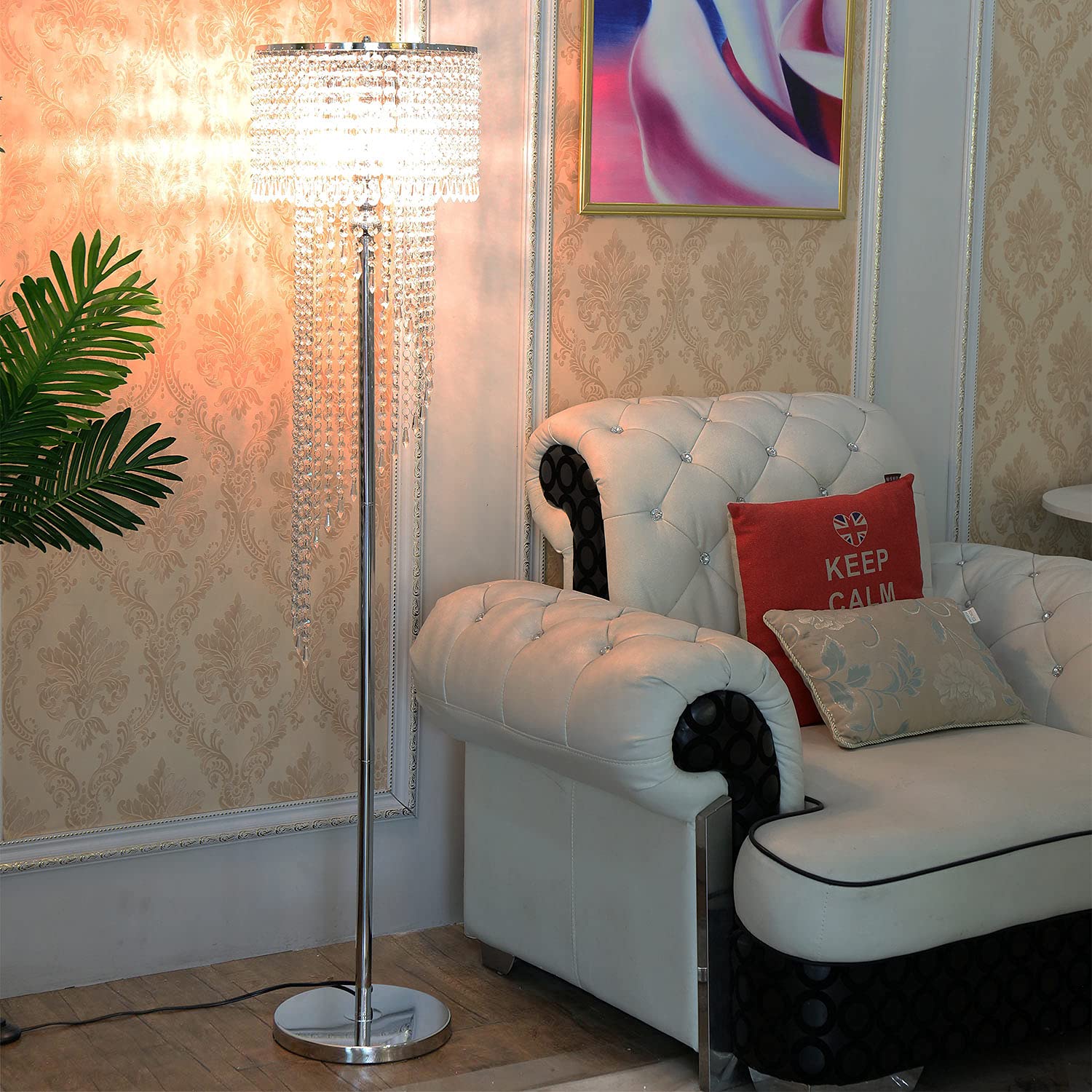 Beaysyty Modern Crystal Floor Lamp - Chrome Finish with Abundant Crystals, 3-Light Design for Reading Corner, Office, Cafe, Den, Living Room & Bedroom - Perfect for Ambient Lighting and Home Decor