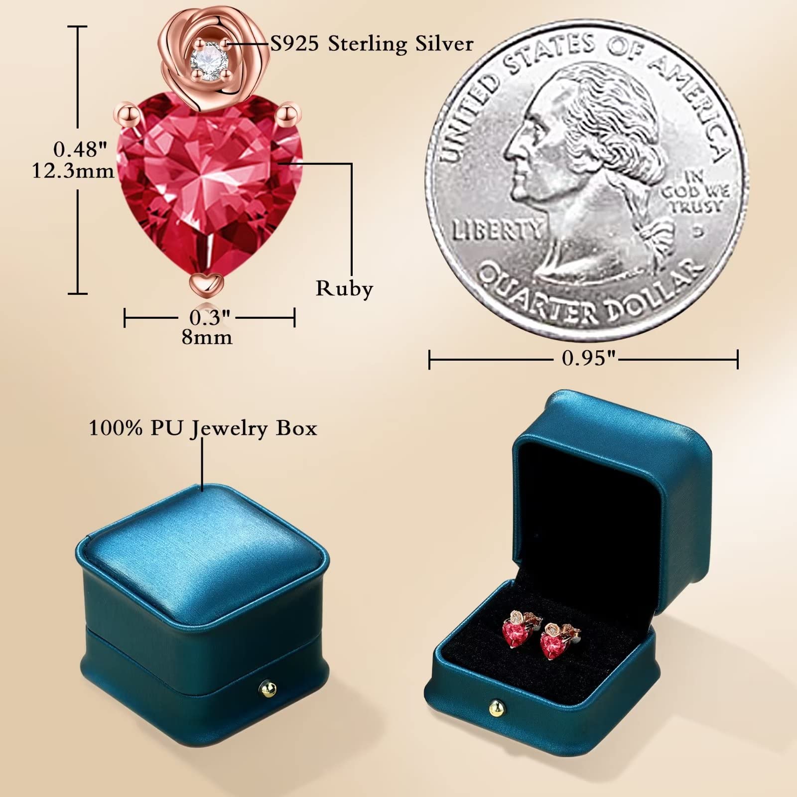 Birthstone Earrings for Women - Sterling Silver Rose Heart Stud Earrings with Birthstones | Perfect Anniversary, Birthday Gifts for Wife, Mom, Daughter | Ideal for Special Occasions & Everyday Wear