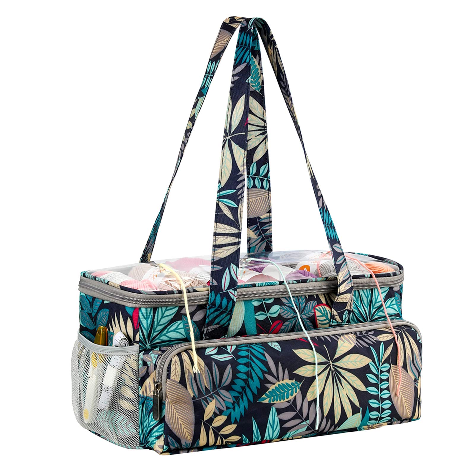 Coopay Knitting Bag - Large Travel Knitting Organizer & Crochet Project Tote with Multiple Pockets for Yarn Storage, Embroidery Supplies & Wool Holder - Perfect for Crafting On-The-Go, Commuting & Vacation Projects (Rainforest Pattern)