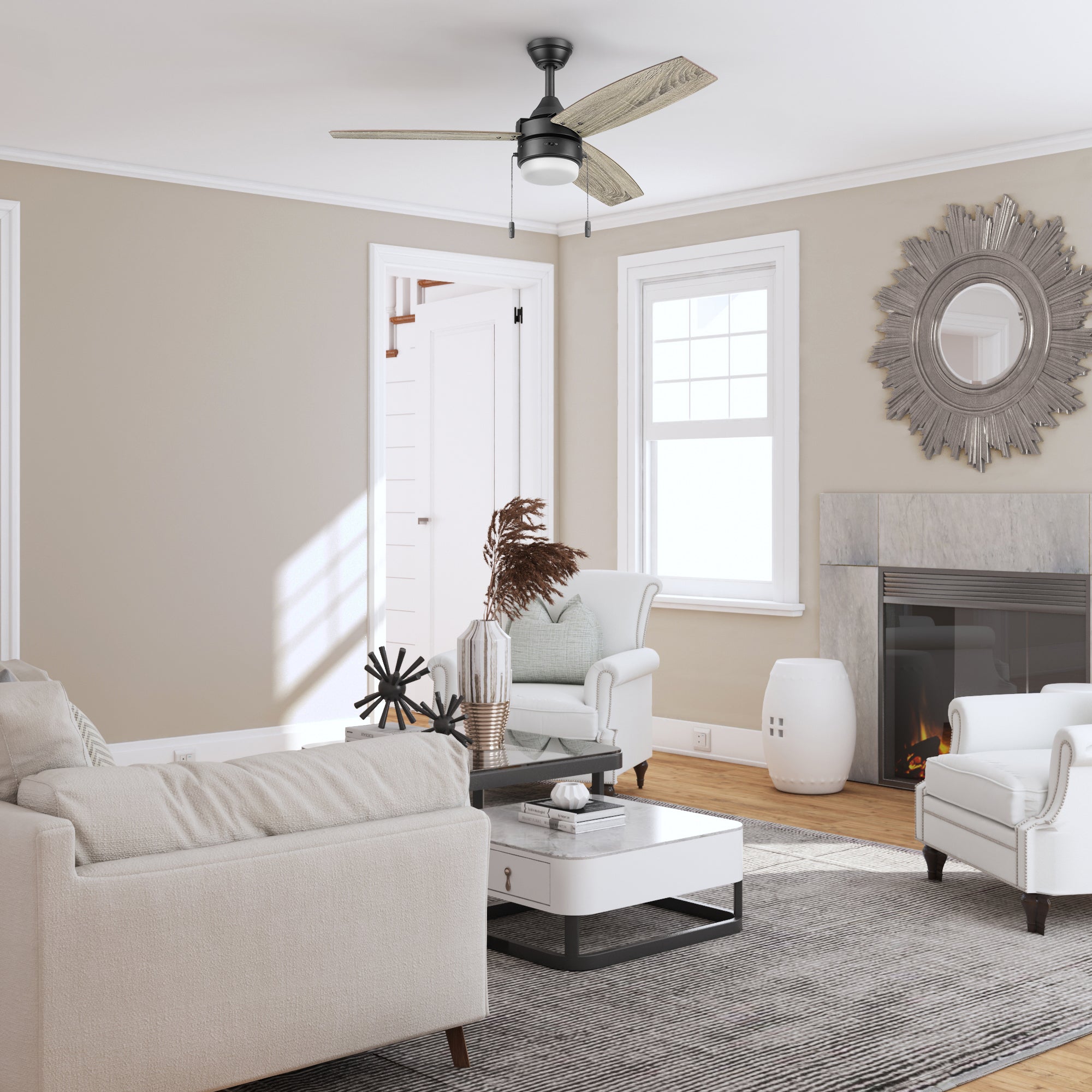 48 Inch Honeywell Berryhill Matte Black Ceiling Fan with Light Kit and Pull Chain - Perfect for Living Room, Bedroom, and Outdoor Covered Patio