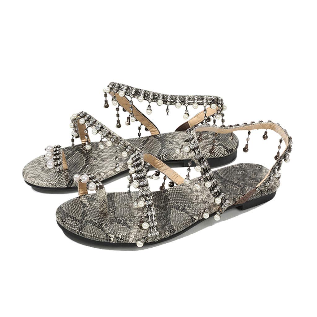 Women's Bohemian Rhinestone Pearl Gladiator Sandals - Flat Comfortable Dress Sandals with Toe Ring for Party, Wedding & Summer Outfits | Casual Beach & Vacation Footwear