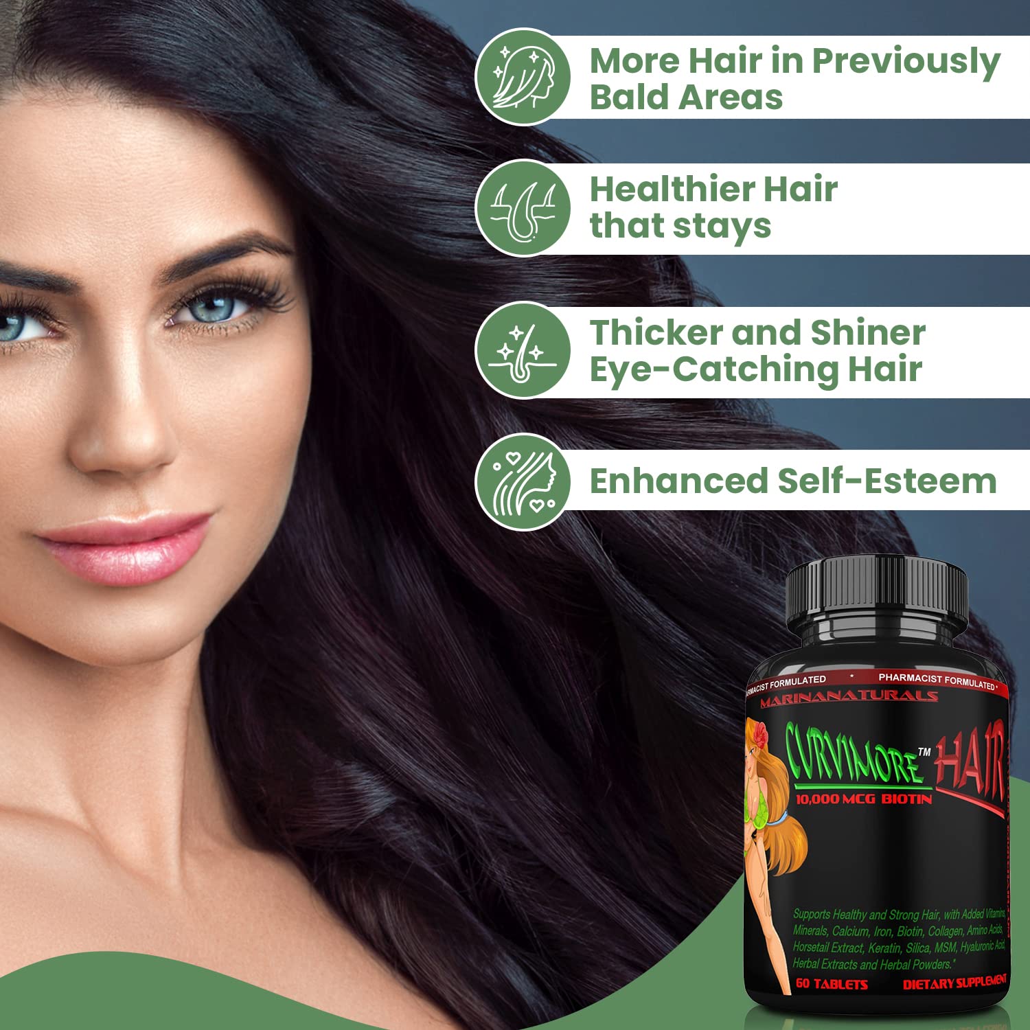 CURVIMORE Hair Growth Supplement with Biotin 10000mcg, Keratin, Collagen & Silica - 60 Tablets for Thicker Hair & Reduced Hair Loss | Supports Healthy Hair Growth with 35 Vitamins, Minerals & Herbs | Perfect for Men & Women Seeking Fuller Hair