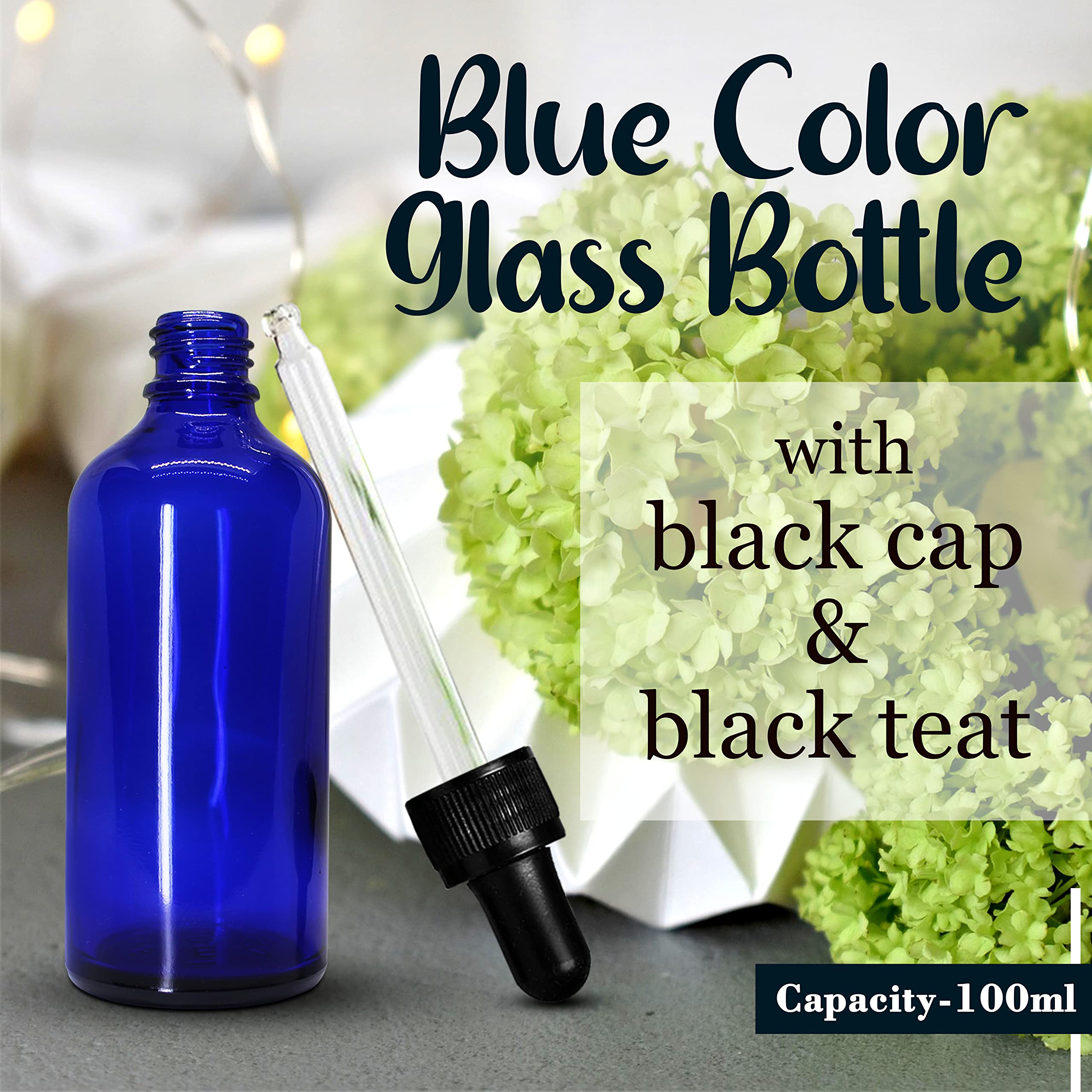 NSB Herbals 100ml Blue Round Empty Glass Bottle with Glass Dropper, Black Ring & Silicone Teat - Leak Proof, Refillable for Essential Oils, DIY Perfumes, Aromatherapy (Pack of 3) - Perfect for Travel, Home Use & Gift Giving