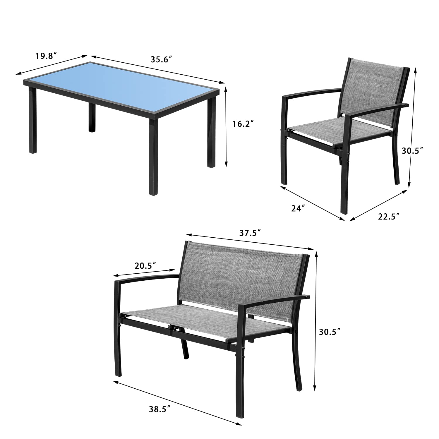 Devoko 4-Piece Outdoor Patio Furniture Set - Grey Wicker Garden Conversation Set with Glass Coffee Table, Weather-Resistant Poolside & Lawn Chairs for Backyard, Porch, Deck or Terrace Relaxation