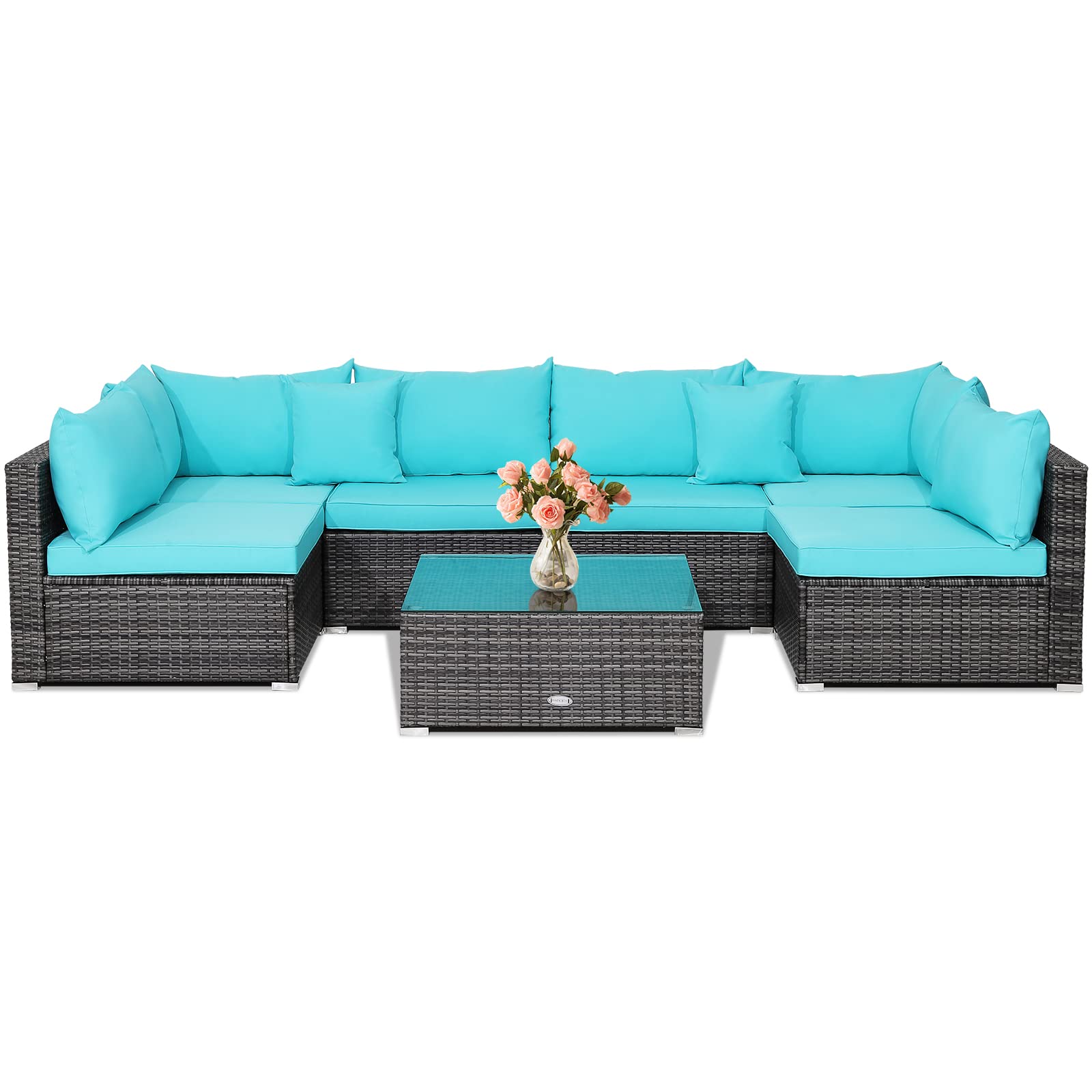 **Tangkula 7-Piece All-Weather Outdoor Patio Furniture Set - Rattan Sectional Sofa with Cushions & Tempered Glass Coffee Table - Perfect for Garden, Lawn, Backyard, Poolside (Turquoise Blue)**