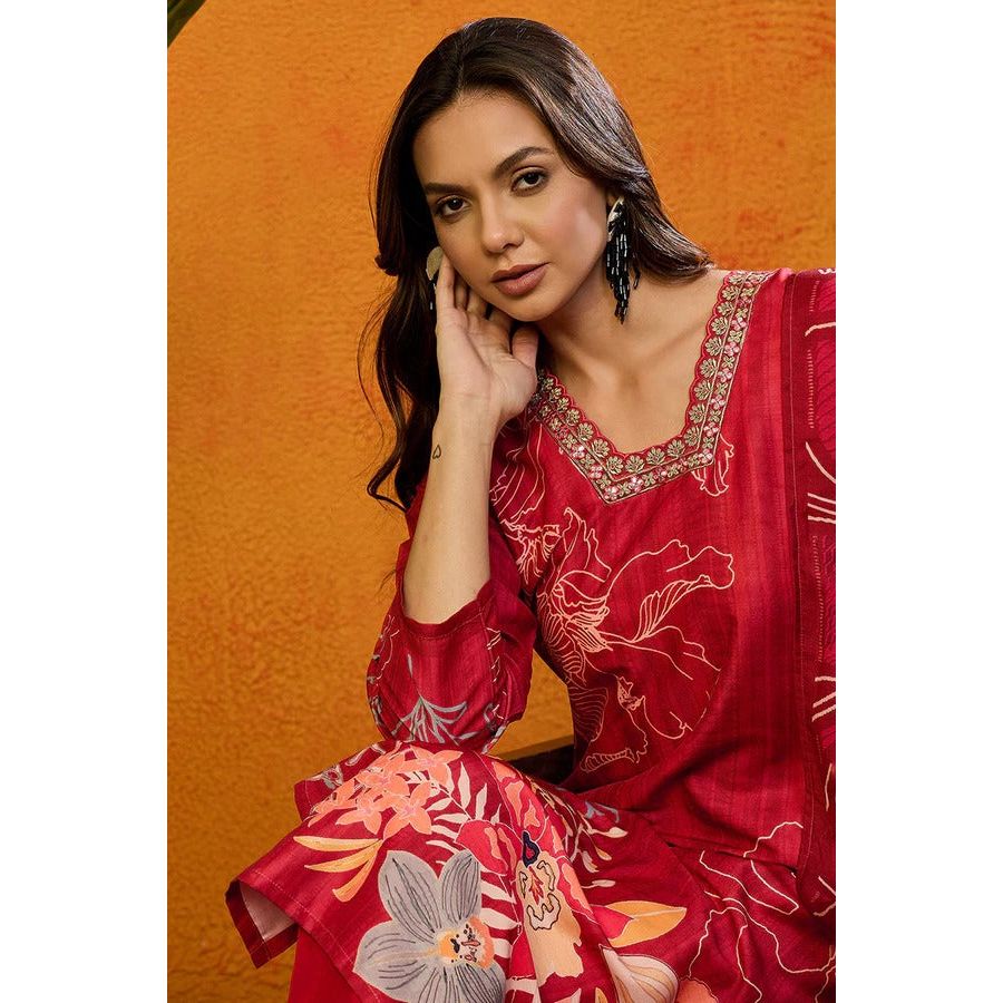 Elegant Red Silk Blend Floral Printed Straight Suit Set for Women | Office Wear & Formal Occasions | Perfect for Business Meetings, Weddings & Special Events