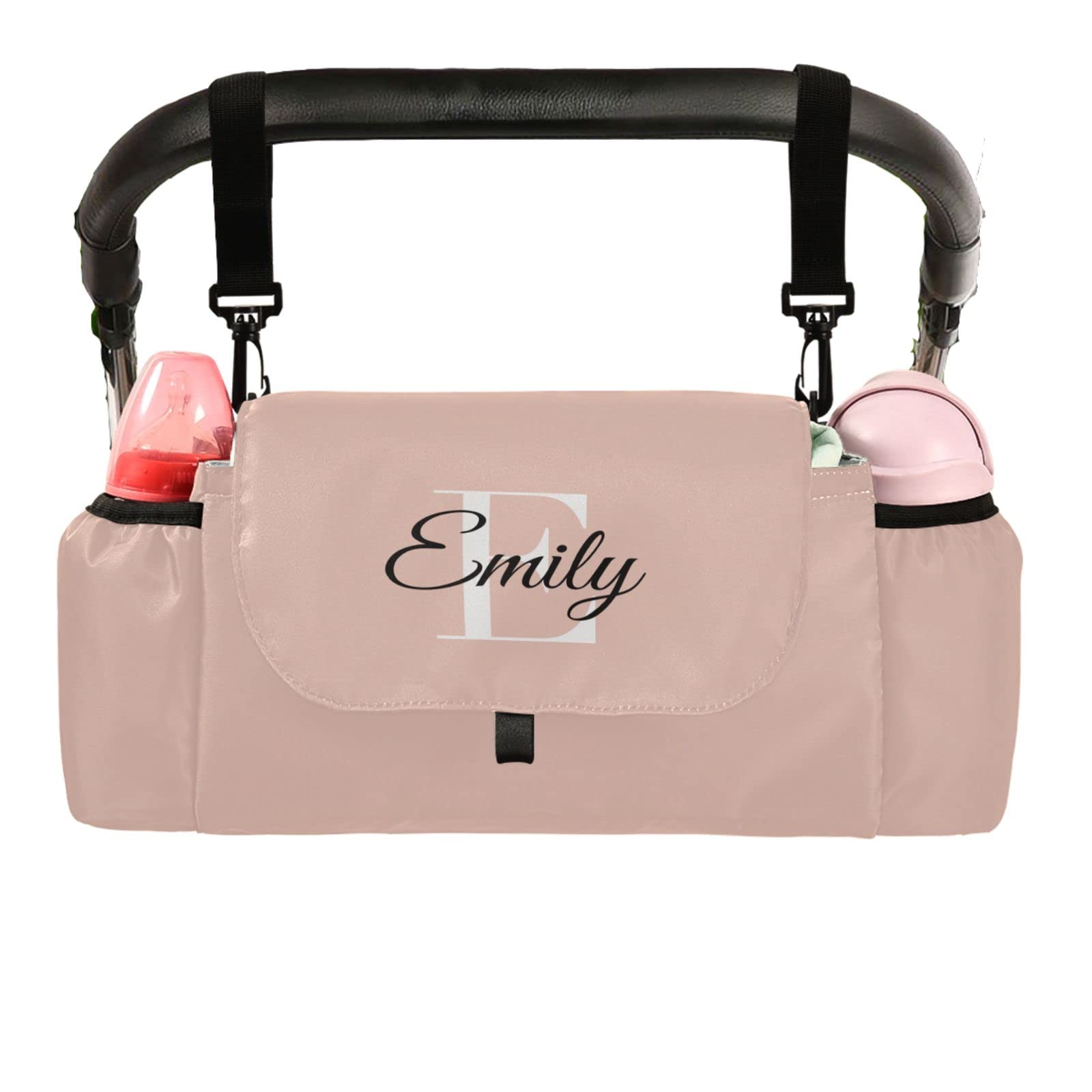 **Sinestour Custom Pink Universal Stroller Organizer with Cup Holder - Personalized Diaper & Toy Storage Bag for Phones, Keys - Fits All Baby Strollers - Perfect for Park Walks, Shopping & Travel**