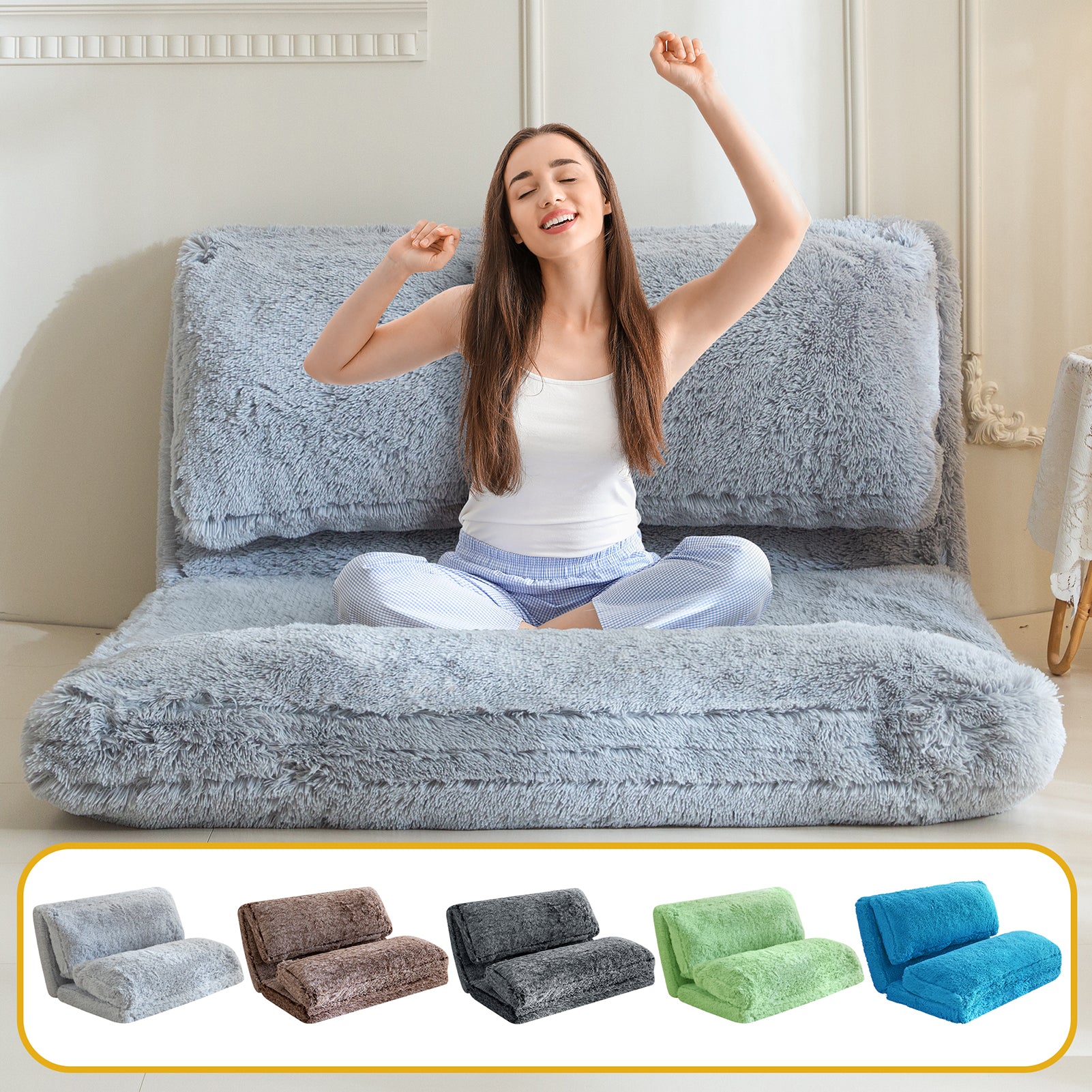 MAXYOYO Folding Floor Sofa Bed - Grey Faux Fur Bean Bag Chair with Foam Filling, Convertible Sleeper for Living Room, Bedroom & Dorm | Comfortable Lounge Seating for Relaxing, Reading & Napping
