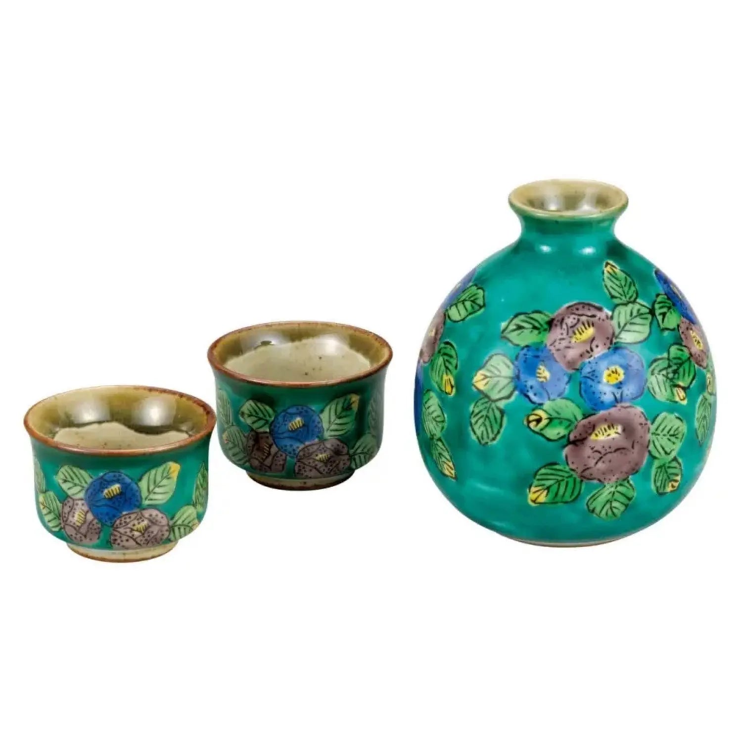 Premium Japanese Kutani Ware Porcelain Sake Set with Camellia Floral Design - Authentic Traditional Sake Cups and Decanter for Home Entertaining, Japanese Tea Ceremonies & Gift Giving