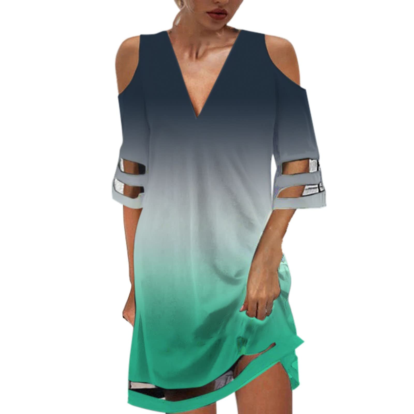 Women's Summer Casual V-Neck Short Sleeve Cold Shoulder Mesh Mini Dress with Sequin - Perfect for Beach Vacation, Party, and Holiday Wear