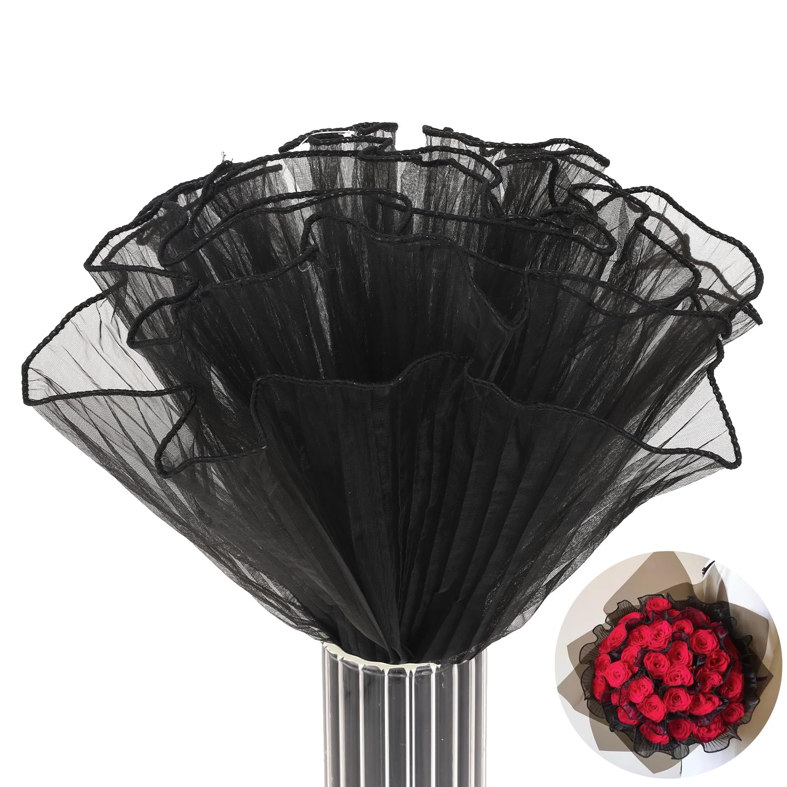 Black Flower Wrapping Mesh Paper - 4 Yards Wrinkled Wavy Net Yarn for Bouquet Floral Packaging | Valentine's Day, Mother's Day, Wedding, Birthday Gift Wrapping & DIY Crafts