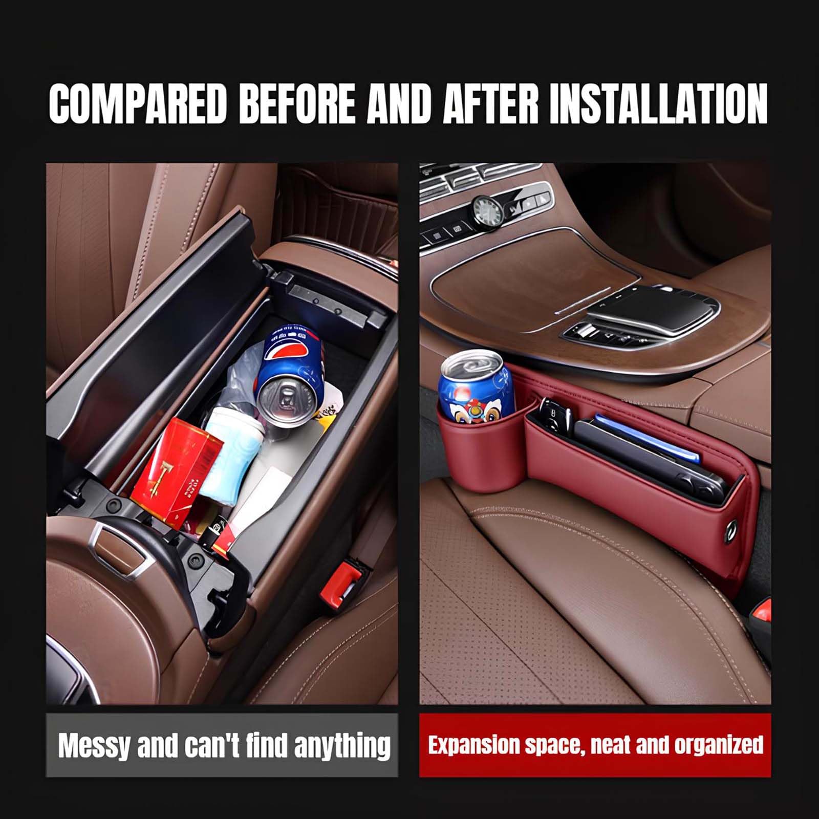 Premium Leather Car Cup Holder Gap Bag - Custom Seat Gap Storage Organizer with Logo/Text - Adjustable Car Seat Storage Box for Glasses, Phones, Keys & Cards - Perfect for Drivers (Black) - Ideal for Road Trips, Commuting & Daily Car Organization