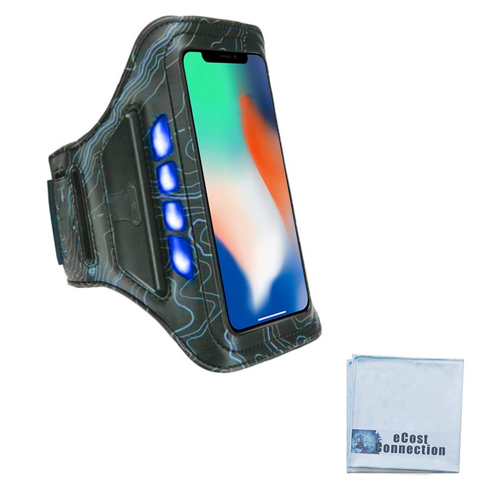 Bright LED Rechargeable Sports Armband - Compatible with iPhone 13/12/11 Pro Max/Xs/X/8+/7 Plus, Samsung Galaxy S9/S8/Note 9, Pixel 2 - Adjustable Crossfit Running Band with Blue LED Lights (Includes Microfiber Cloth) - Perfect for Night Jogging, Gym Workouts & Outdoor Activities