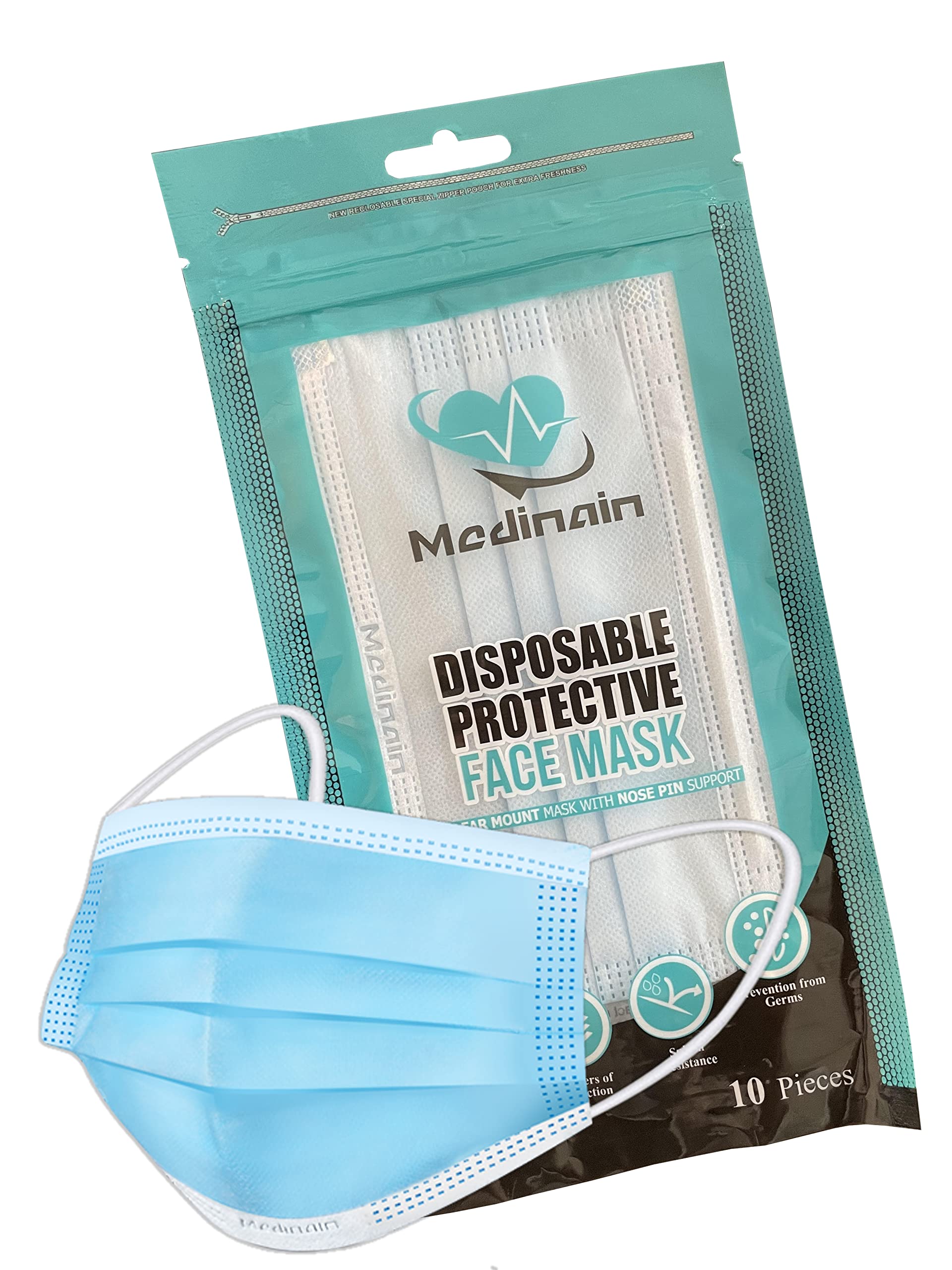Medinain 3-Ply Disposable Face Mask - Non-Woven Surgical Mask with 95% Filtration Efficiency - CE, ISO & WHO GMP Certified - Comfortable for Daily Use, Travel & Healthcare Protection