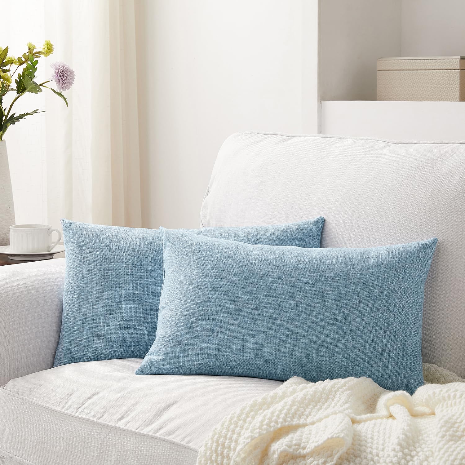 Set of 2 Light Blue Boho Farmhouse Decorative Throw Pillow Covers 12x20 Inch - Linen Cushion Covers for Sofa, Couch, Bed & Home Décor - Perfect for Living Room, Bedroom & Cozy Home Styling