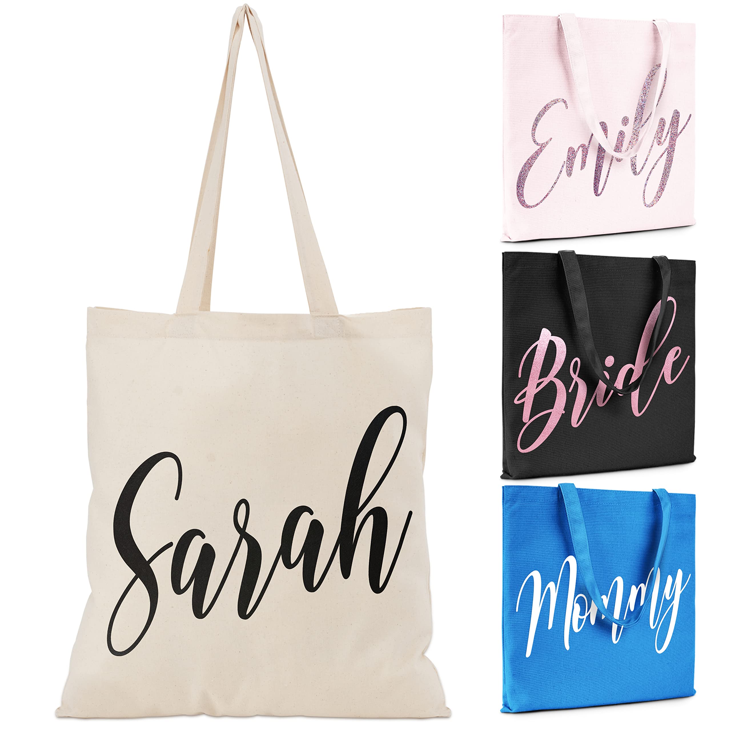 Custom Personalized Vinyl Name Tote Bags for Women - 7 Colors & 18 Vinyl Options - Bridesmaid Shoulder Bag, Bachelorette Party Gift - Wedding, Bridal Shower, Birthday, Travel Tote - Perfect for Beach, Shopping & Daily Use