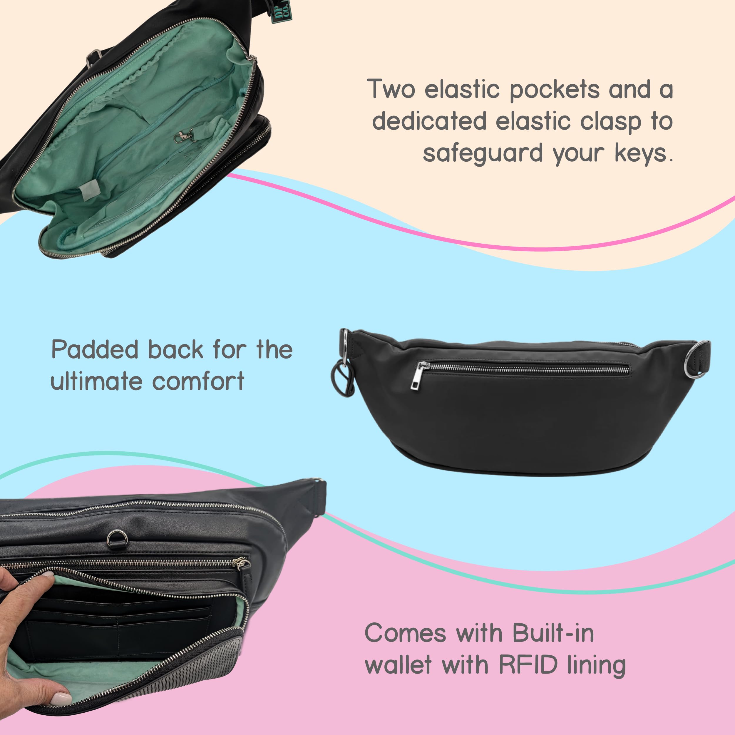 Designer Park Company - Women's Leather Crossbody Bag with Adjustable Strap & Locking Pins, Single Rider Belt Bag, Fanny Pack for Theme Parks, Travel Essentials - Midnight Black | Perfect for Amusement Parks, Concerts & Daily Commute
